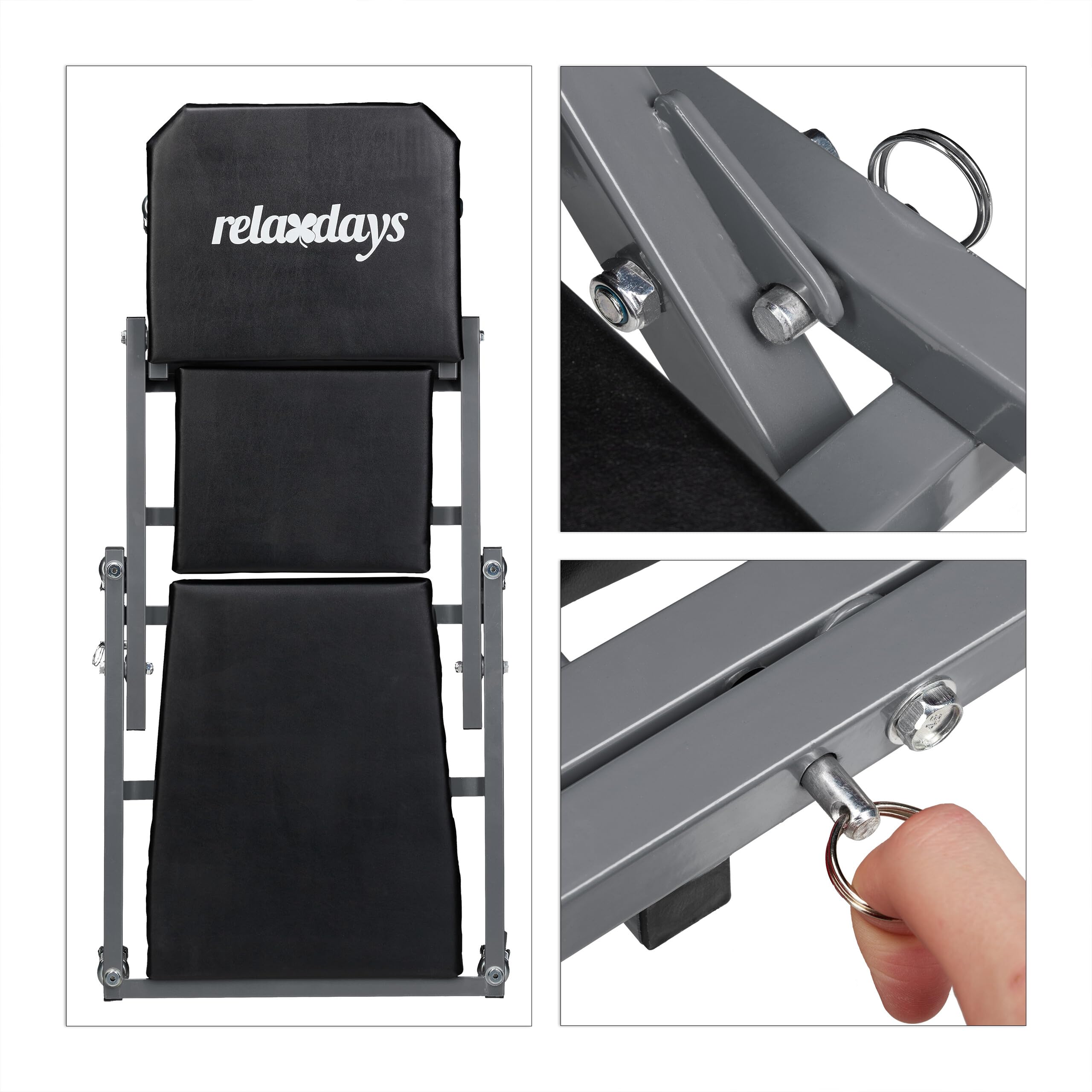 Relaxdays Tabouret d'atelier 2 en 1, Chariot de mécanicien, Pliable, Roues pivotantes à 360°, Garage, Acier, Noir/Gris