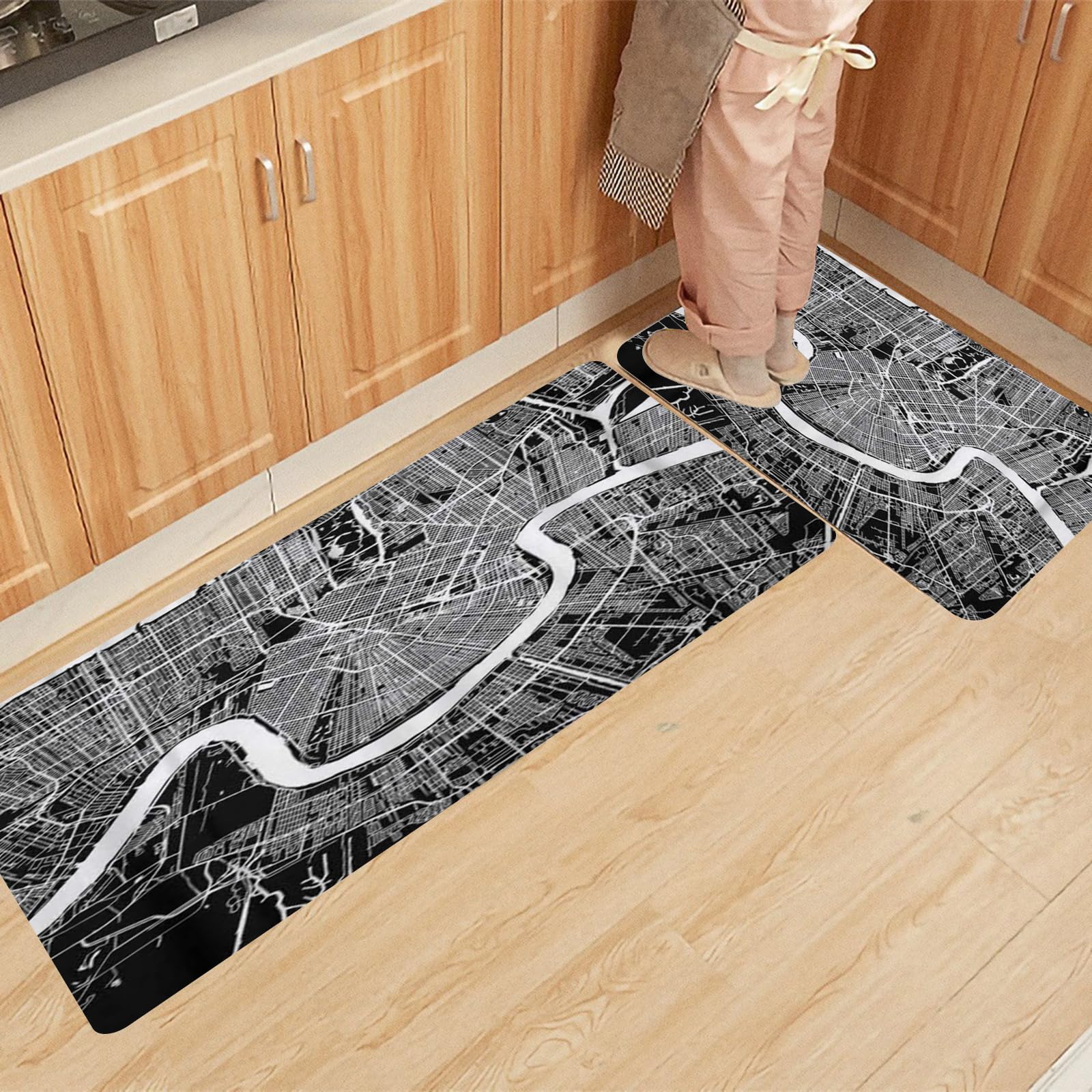 OSKOE Kitchen Rug Set 2 Pieces Non Slip Kitchen Mat Set,Downtown New Orleans Map Artprint Black Landmass White Wat,Washable Kitchen Floor Mat For Kitchen, Entryway, Hallway Runner Set (40x60+40x120cm)