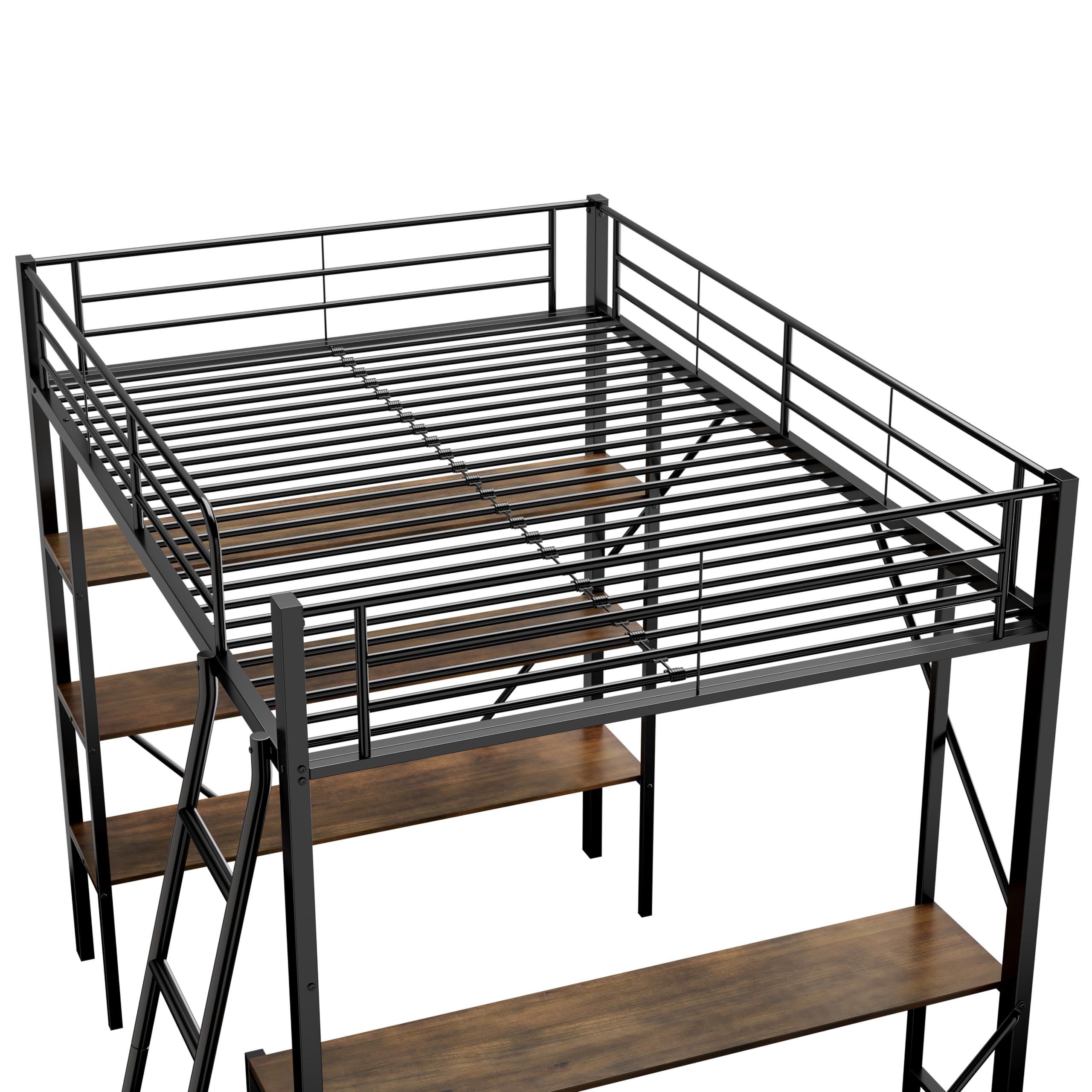 Łóżko piętrowe 90 x 200 cm, metalowa rama łóżka, łóżko żelazne, łóżko piętrowe z biurkiem i 3 dużymi półkami dla dzieci, młodzieży i dorosłych, czarne (czarne)