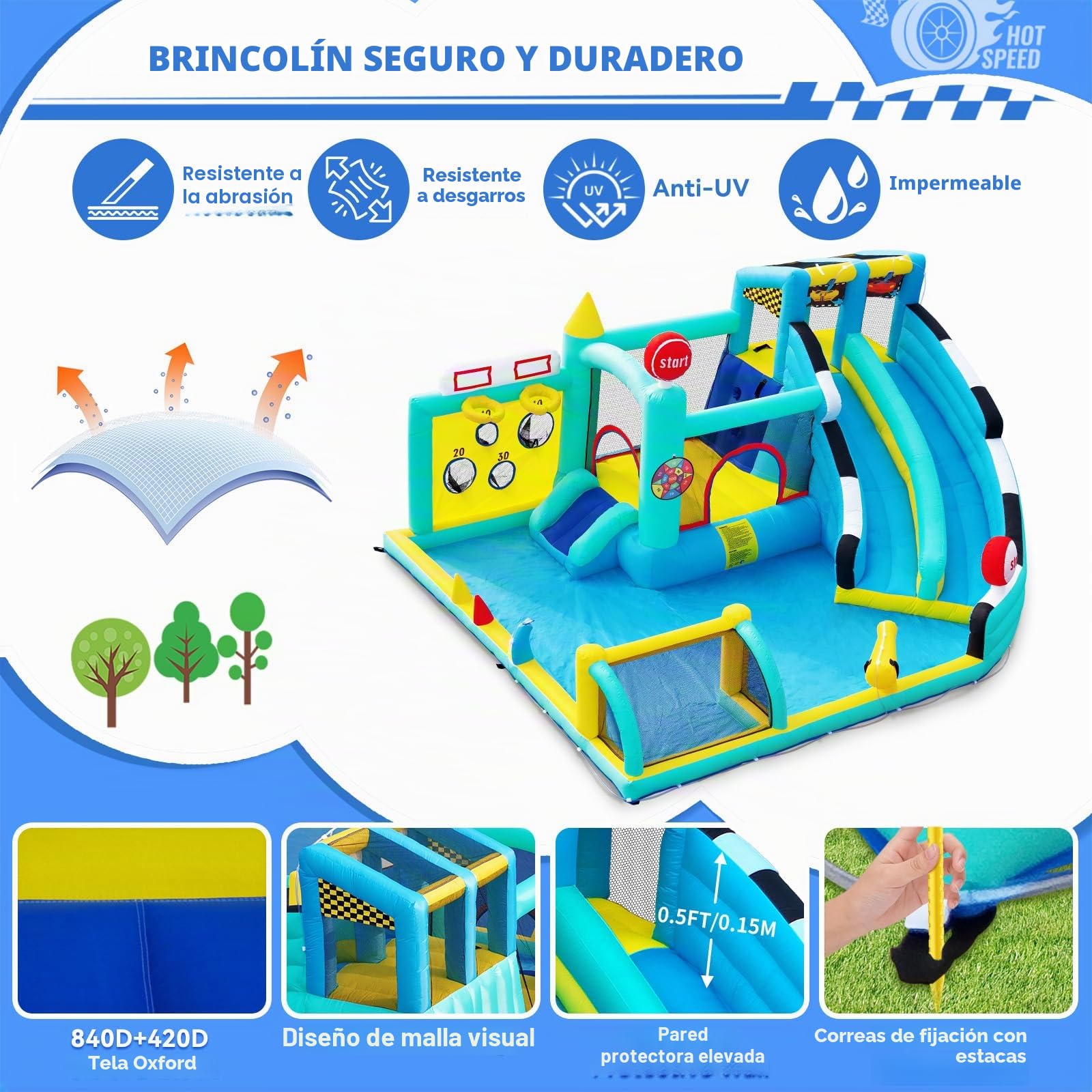 Castillo Hinchable Grande con Tobogán de Agua y Soplador, para Niños con Trampolín, Rocódromos, Baloncesto, Piscina, Peso 225 kg, para 4 Niños de 3 a 10 Años, 470×400×220 cm