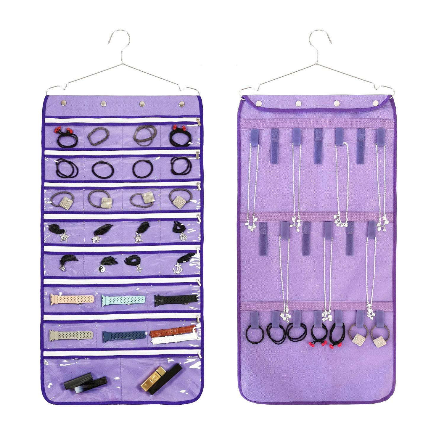 ANIZERDual Sided Hanging Jewelry Organizer with Hanger for Closet Necklace Earrings Bracelet Ring Travel Holder (28 Zippered Clear Pockets and 20 Tape Loops Purple)