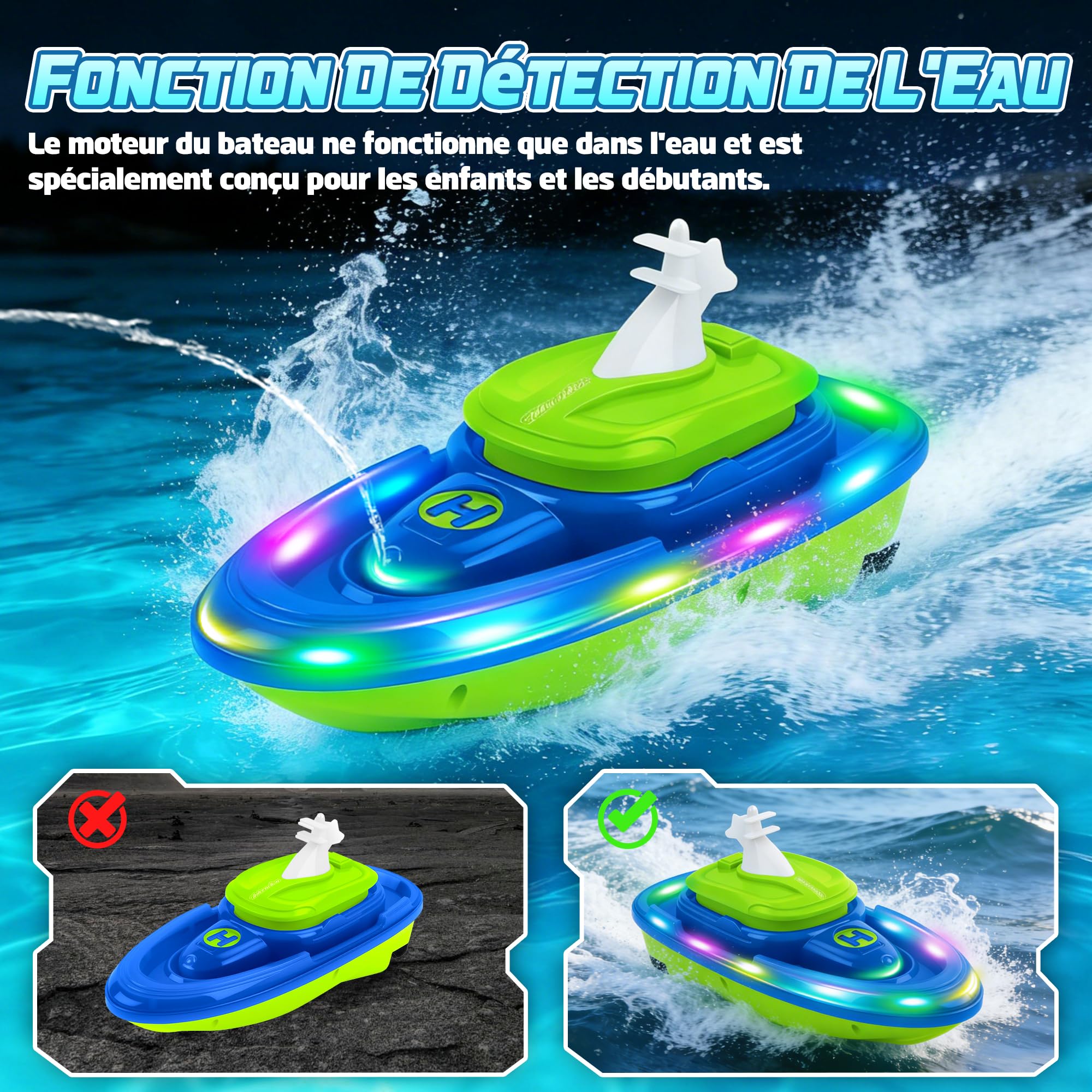 FORMIZON Bateau Ttélécommandé, sous Marin Télécommandé avec Fonction de Projection d'eau, Bateau RC Étanche, Bateau Radiocommandé avec lumière et Rotation à 360 Degrés (Blau) - 3