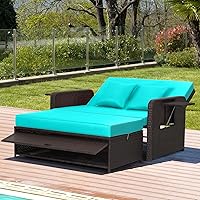 Nightcore Goplus Wicker Patio Daybed: 4-Level Adjustable Chaise Lounger w/ Storage Ottoman, Retractable Trays & Cushions (Turquoise)
