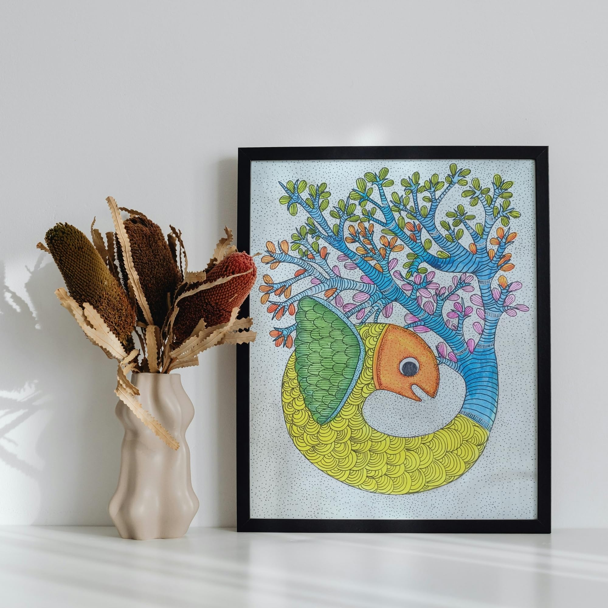 Hand Painted Gond Art Painting | 21 × 29.7 cm (A4) | Framed Ready
