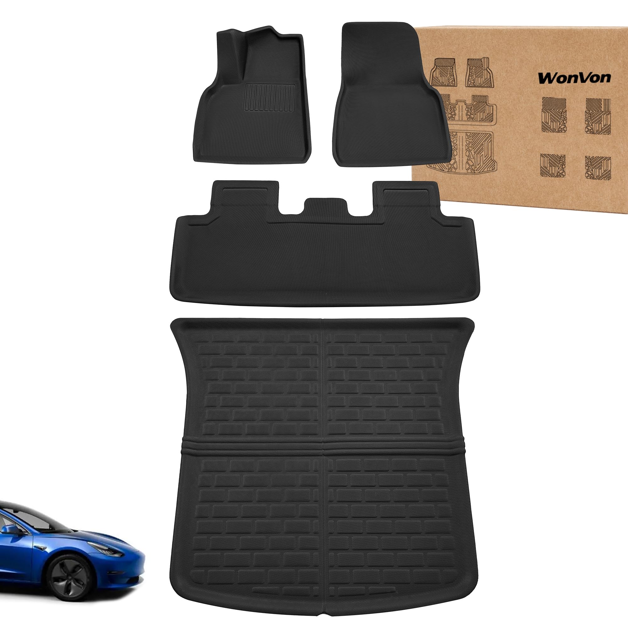 WonVon Tesla Model Y Floor Mats Set Custom Fit 2020-2023 TPE All-Weather Cargo Liners Rear Cargo Tray Trunk(Not for 7-Seat)