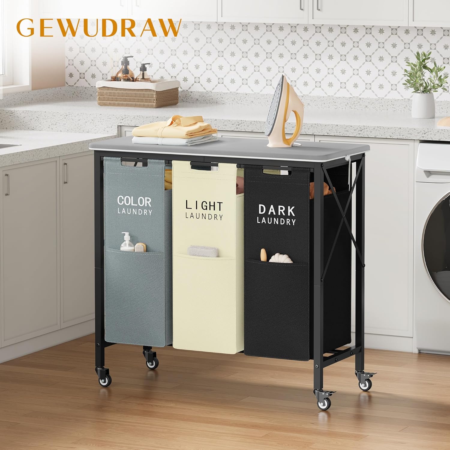 3 Section Laundry Sorter with Ironing Board, Laundry Hamper with Removable Bags, Heavy-Duty Rolling Laundry Cart with Lockable Wheels for Bathroom Bedroom