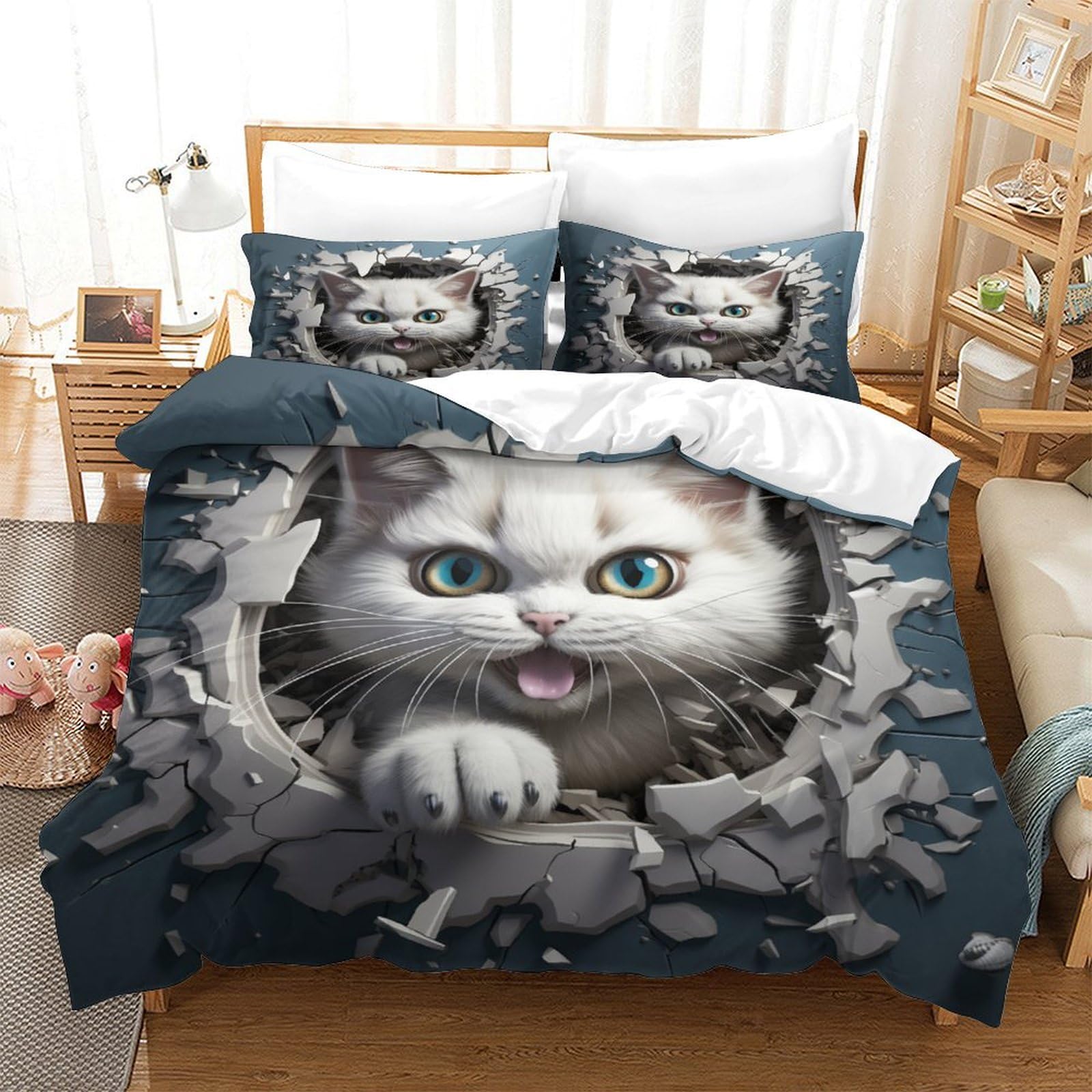P1S9U7W5Y Cute Cat 3D Printed Duvet Cover Set 3pcs Microfiber Pet Cat Bedding Set King
