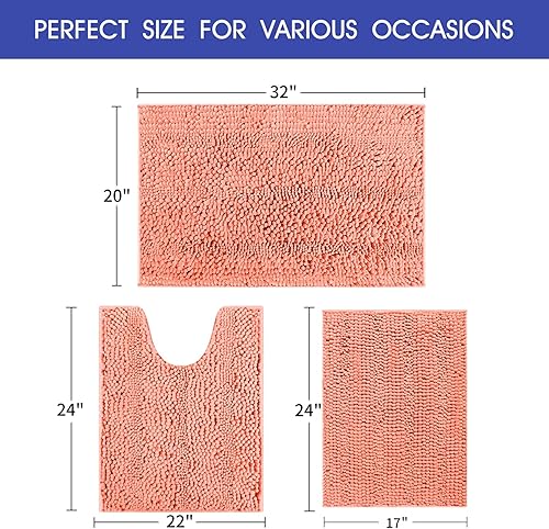 Miniatura 2 de ACCUMTEK - Juego de 3 piezas de alfombra de baño de coral a rayas, ultrasuave, antideslizante de chenilla, alfombrilla de inodoro absorbente,