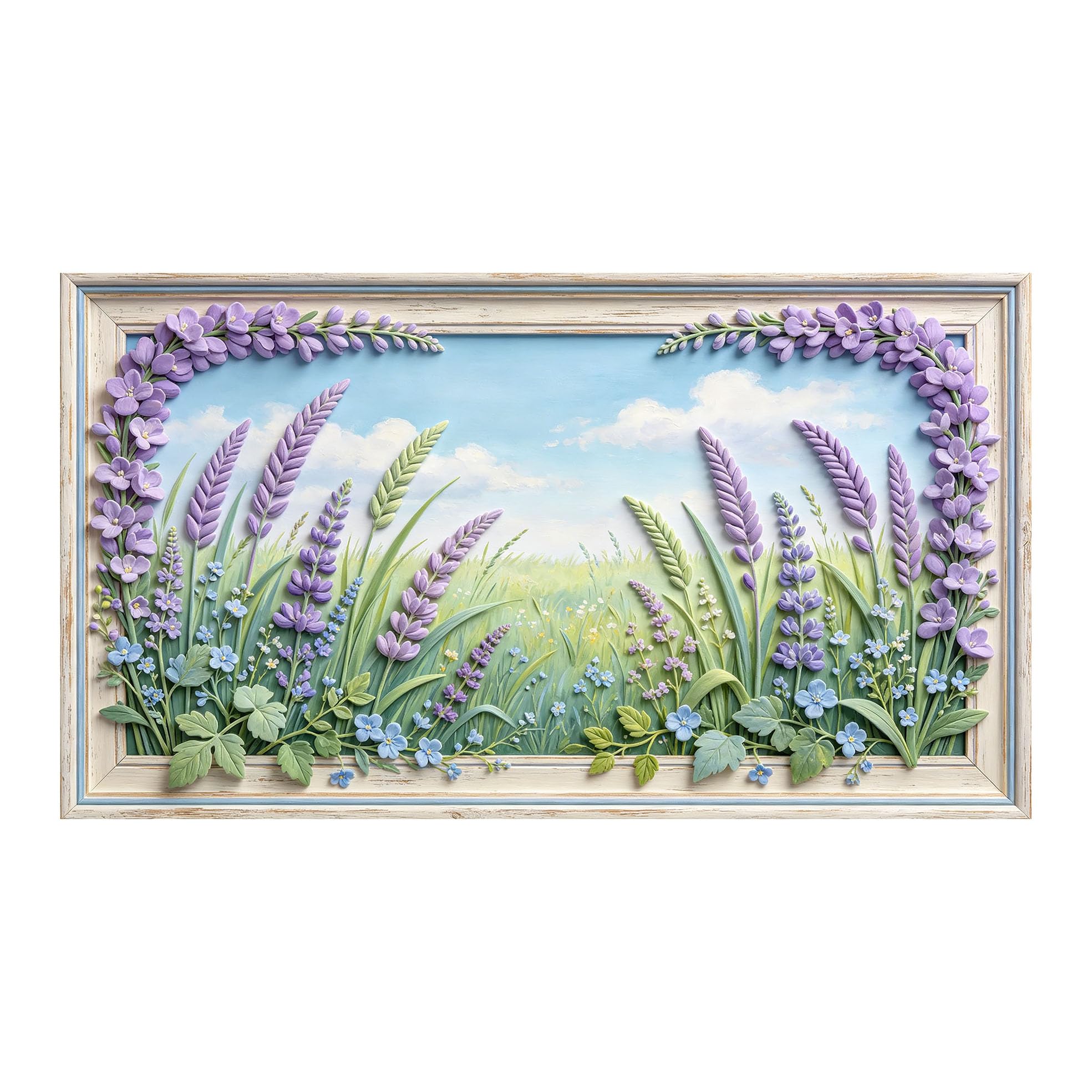 Murasolite 3D Framed Wall Art Lavender Field Floral Pastoral Oil Painting SelfAdhesive Fabric Mural Wall Decor， Peel and Stick No Damage to Wall， AntiFall Safe Design for Bedroom Living Room