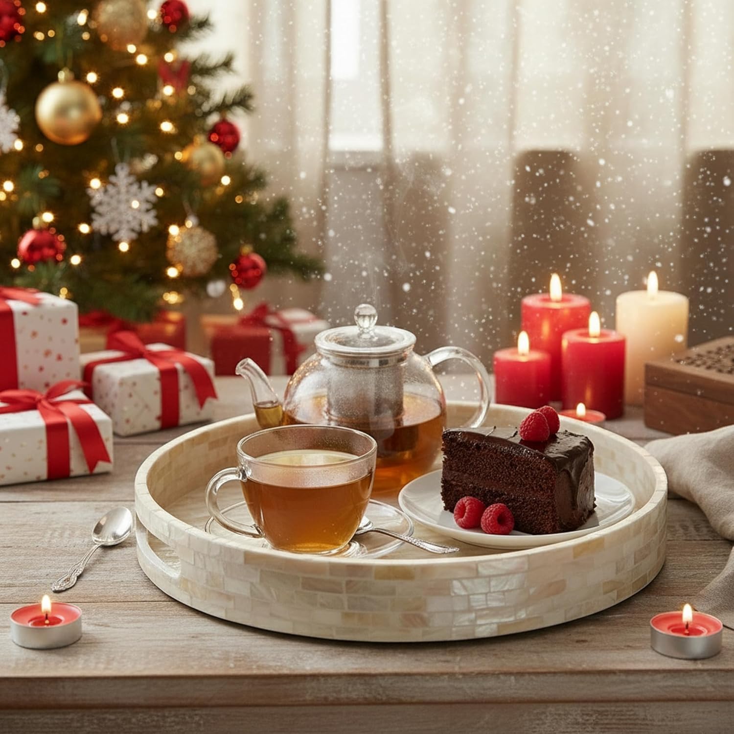 PEMAR 12.6” Mother of Pearl Round Serving Tray with Handles, Decorative Nacred Wooden Ottoman Coffee Table Tray (White Tiles) - Image 2