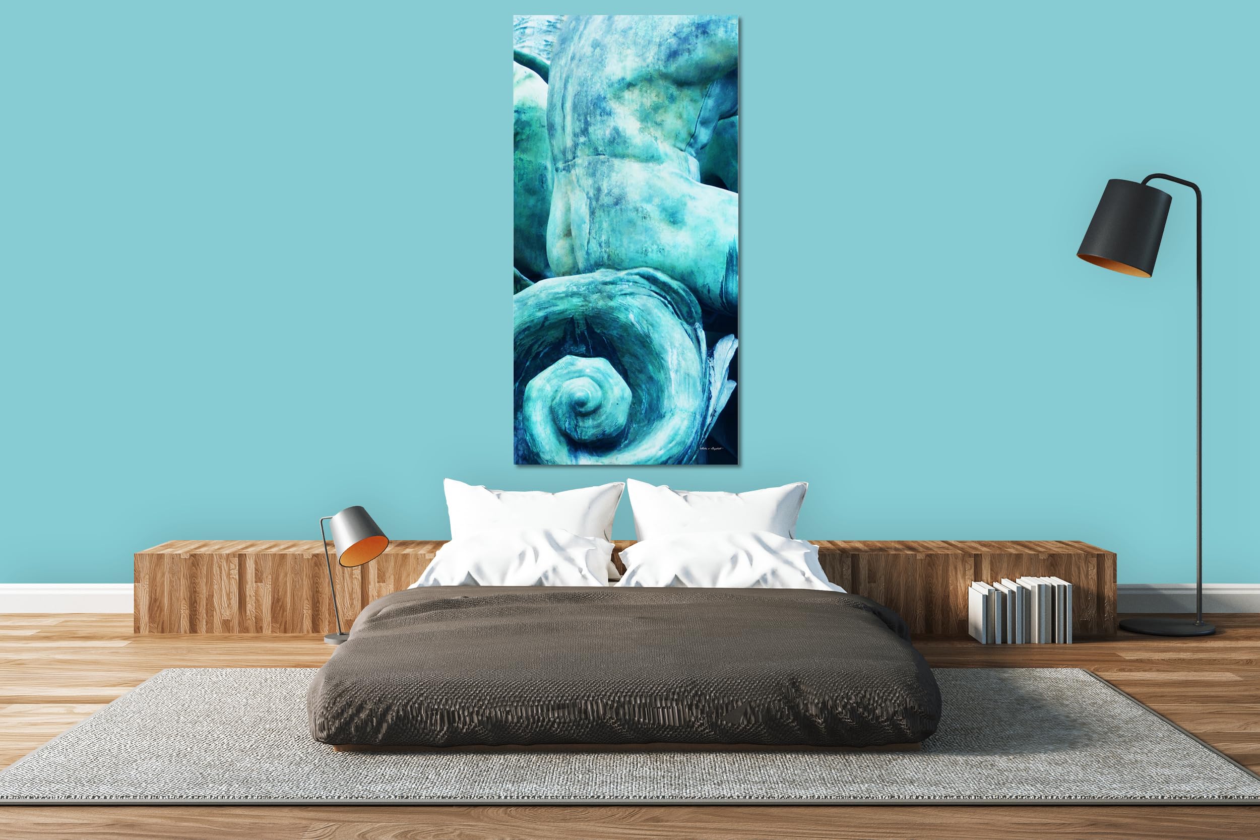 Glücksvilla - Der schöne Mann (Leinwand-Bild 2 cm, 100 x 200 cm) | div. Maße - aus DE - Kunstdruck Deko Wandbild quer - Statue Körper Brunnen Bronze Figur Kunst