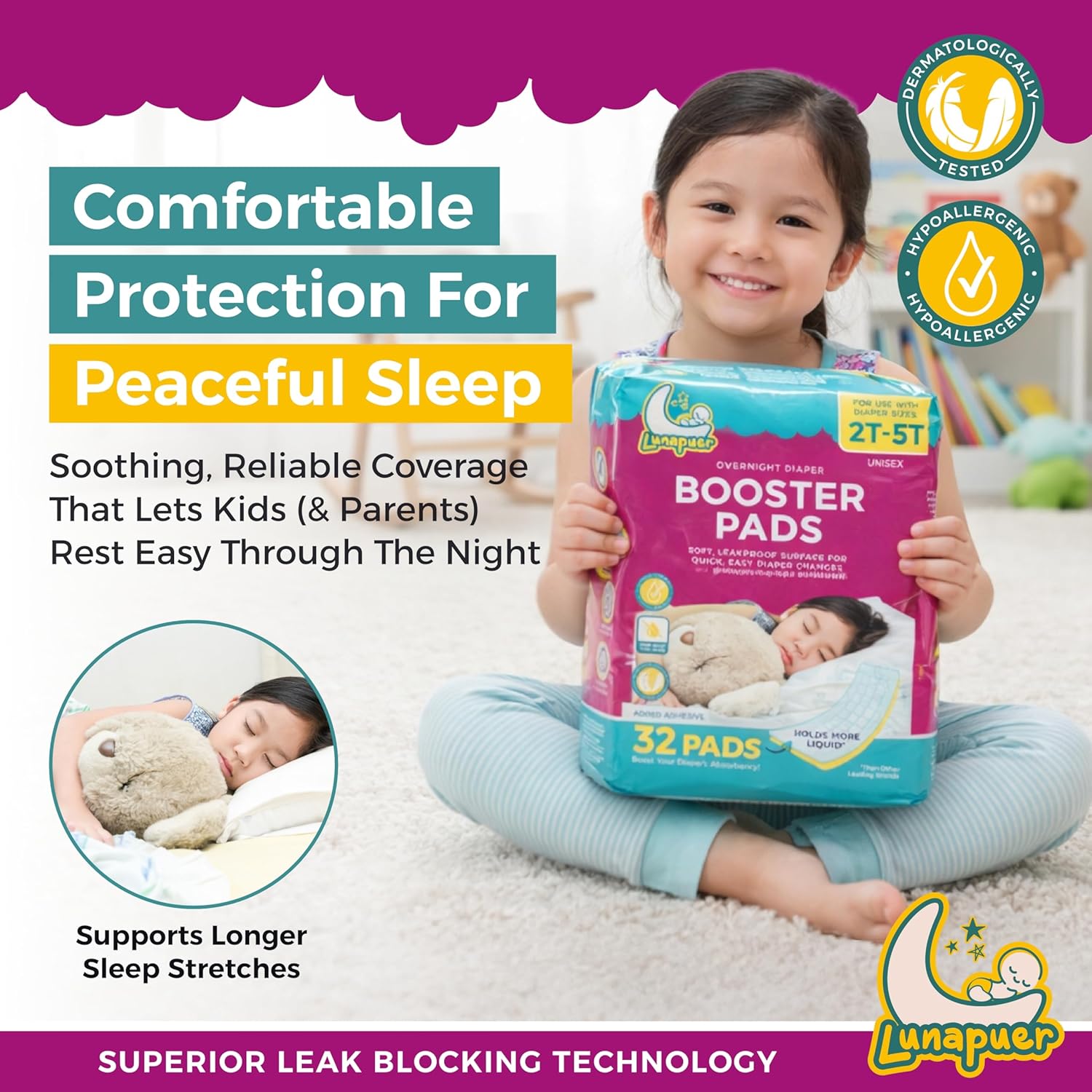 Diaper Booster Pads Overnight, Stop Leaks Nighttime, Overnight Diaper Liners for Baby, Toddler, Boys & Girls, Adhesive Diaper Inserts, Size 5 Diapers and up, 64 ct (2 Packs) - Image 2