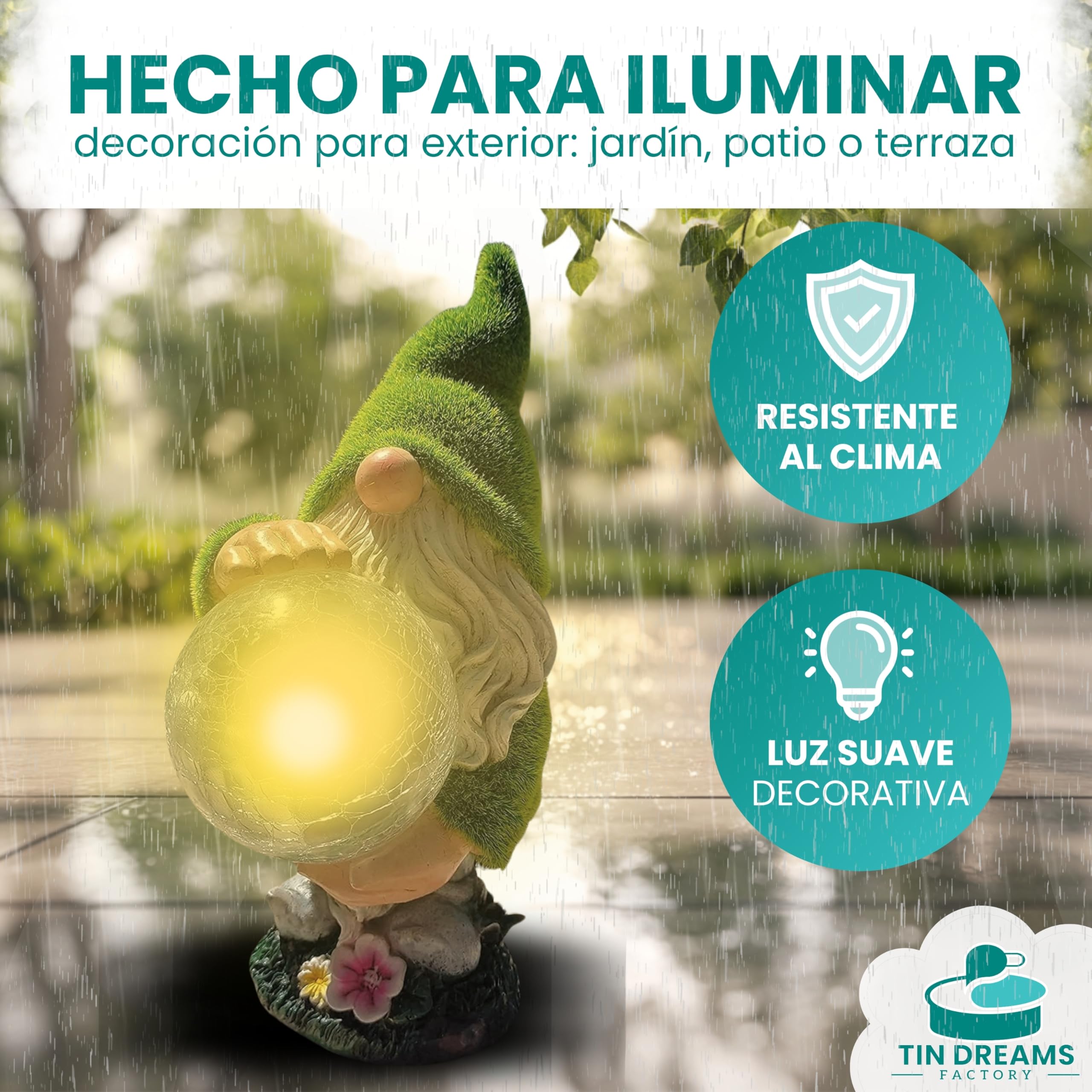 Gnomo Vidente con Luz Solar – Figura Decorativa de Jardín en Resina – Enanito con Bola Luminosa LED – Adorno Original para Jardín, Terraza y Patio