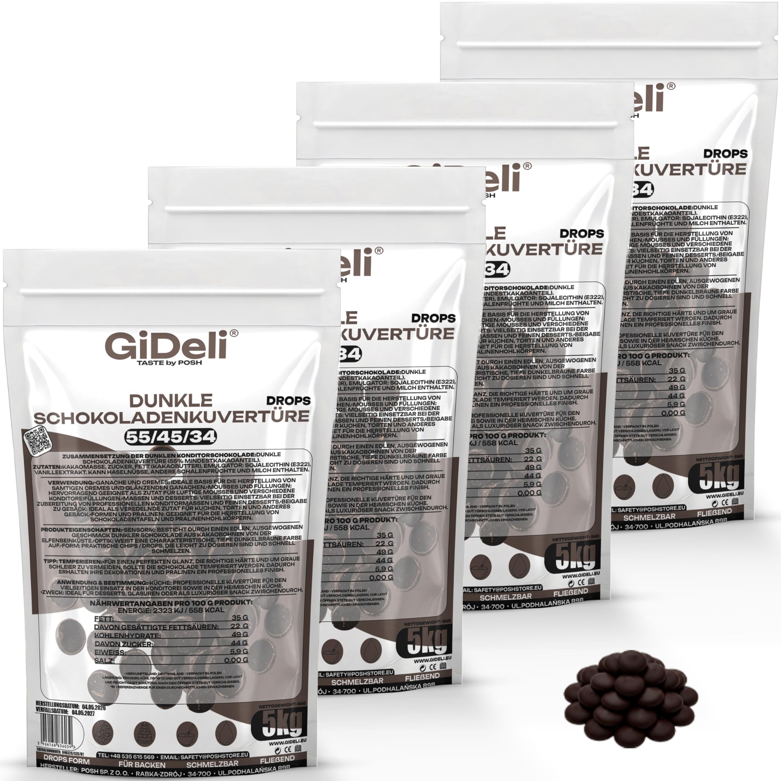 GiDeli Dunkle Schokoladenkuvertüre 55% Drops 4x5kg - Professionelle Zartbitterschokolade zum Temperieren - Kakao von der Elfenbeinküste - Einfache Dosierung - Ideal für Pralinen & Ganache