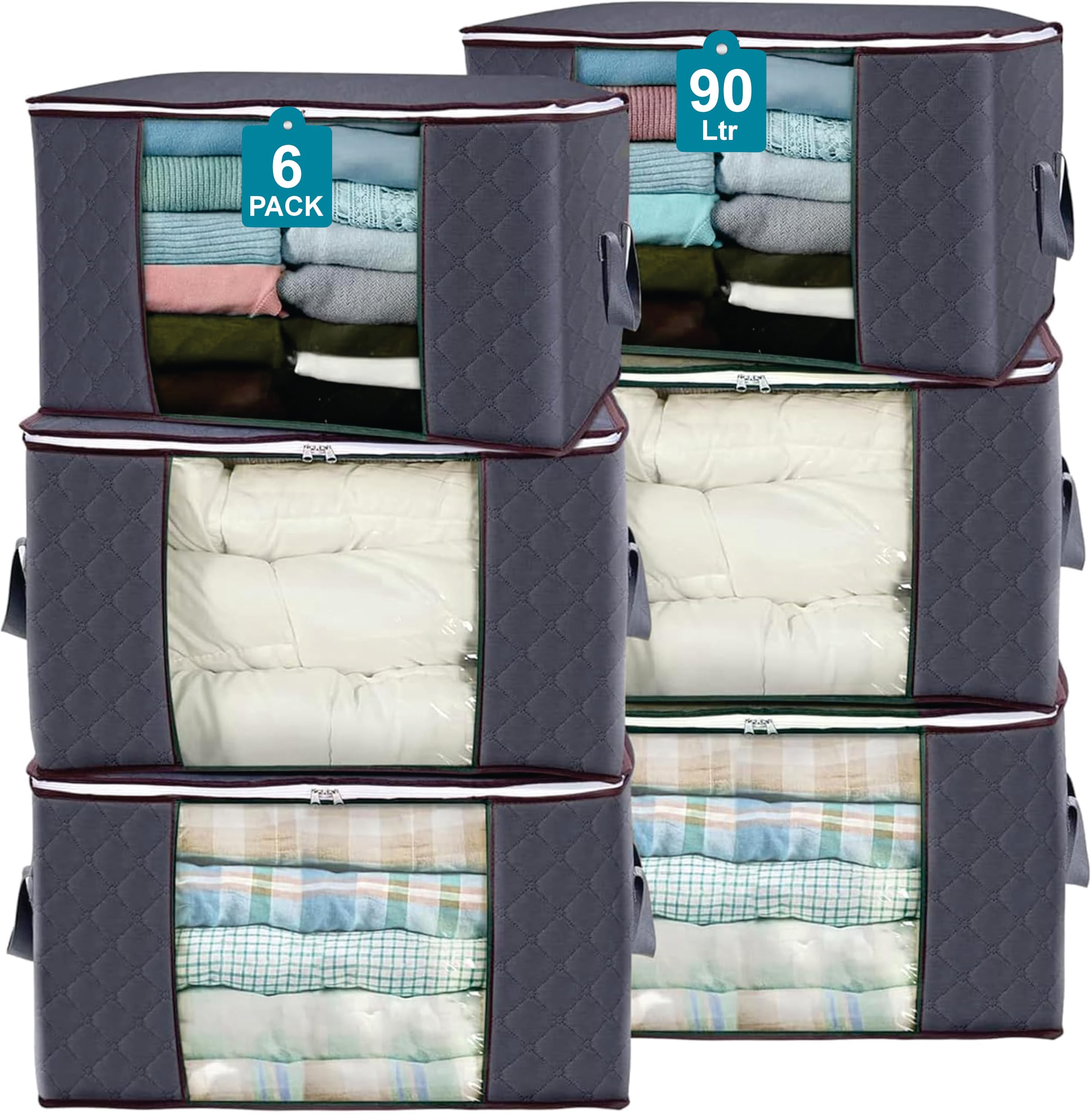 ShopWizz 90L Large Storage Bags for Clothes, 6 Pack Foldable Clothes Storage Bins for Closet Organizer Storage Containers with Handle, Blanket and Comforter Storage,Storage box