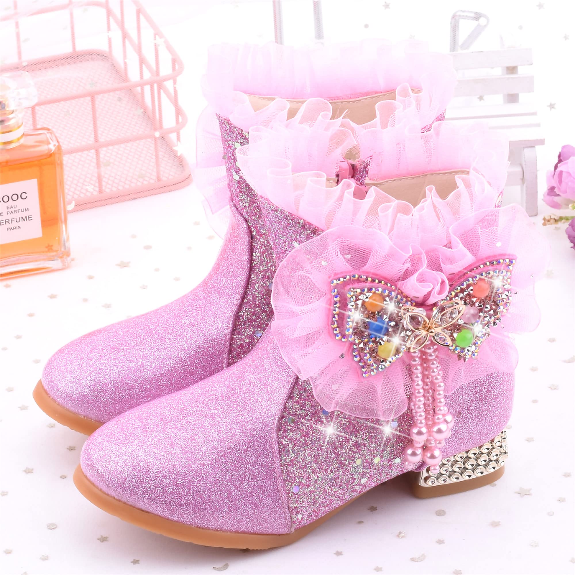 New front Scarponcini Bambina Stivali Bambina Invernali Bambina e Ragazze Carino Stivali da Neve con Tacco Stivali da Principessa Eleganti Blu Rosa Taglie 27-38