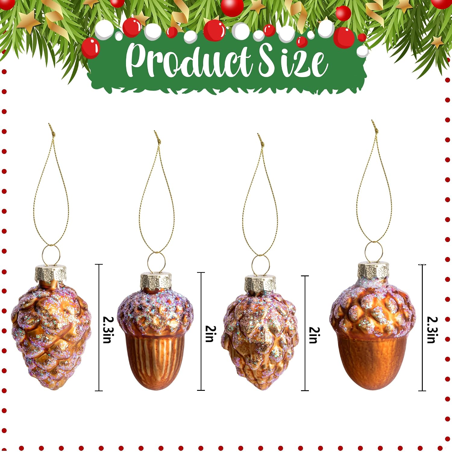 12 Pcs Pine Cone Glass Ornaments - Christmas & Fall Hanging Pinecone Decor