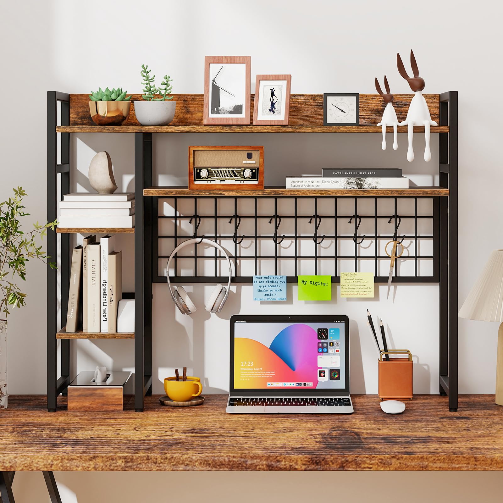 COSTWAY Regal do biurka, regał stołowy z 4 półkami i 6 haczykami, regał biurkowy na monitory, regał na książki na blat, organizer do przechowywania 94 x 25 x 74 cm (Brązowy)