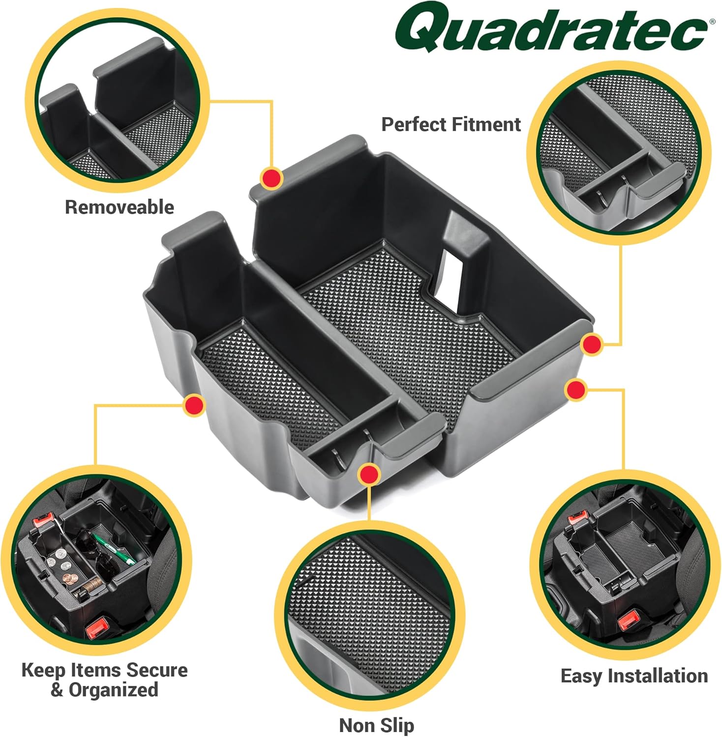 Quadratec Center Console Storage Tray - Fits Jeep Wrangler JL, JLU & Gladiator JT 2018-2022 - Non-Slip Rubber Base - Jeep Wrangler Interior Accessories Storage Organizer - Phone Keys Flashlight Holder