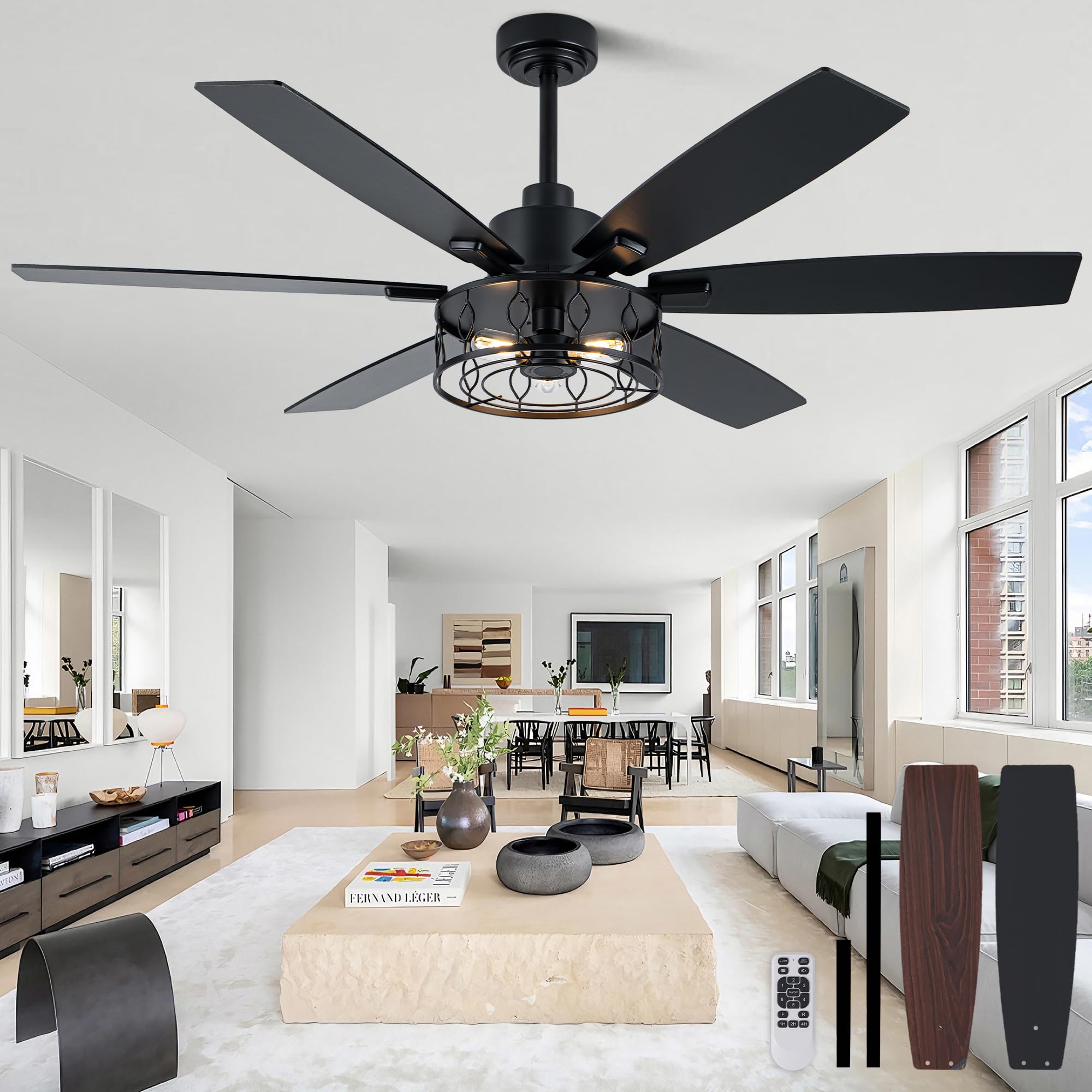 Bella Depot 60 Inch Black Ceiling Fan with Light, Modern Ceiling Fan with Lights and Remote, Caged Chandelier Fan Indoor with 6 Speeds for Living Room Bedroom (bulbs not included)