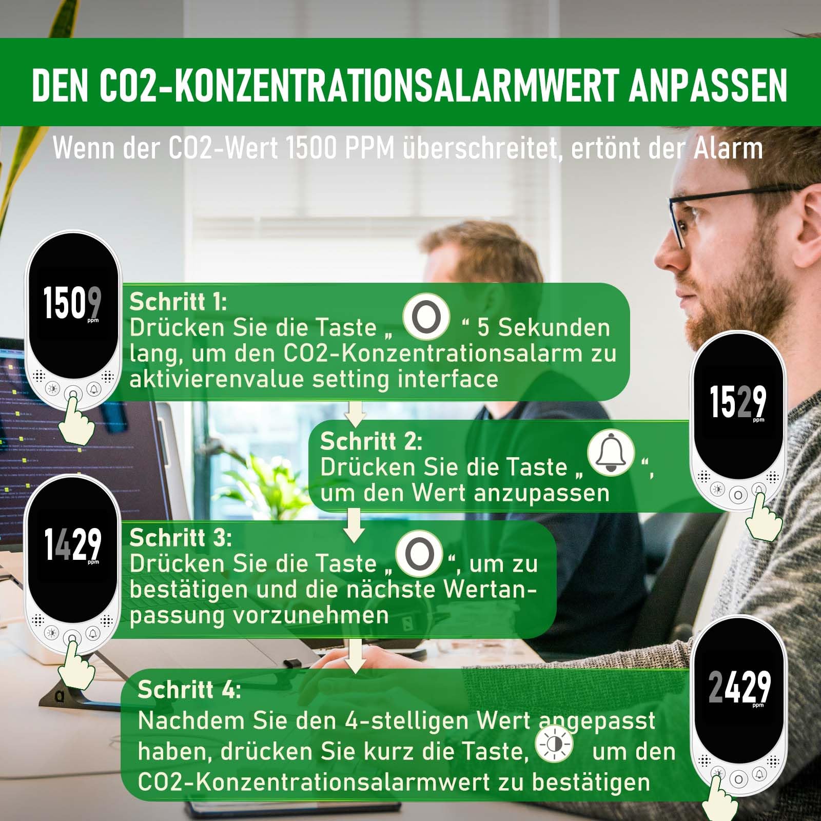 LSENLTY CO2-Messgerät 3-in-1 Temperatur Luftfeuchtigkeit CO2-Wert Alarmfunktion manuelle Kalibrierung