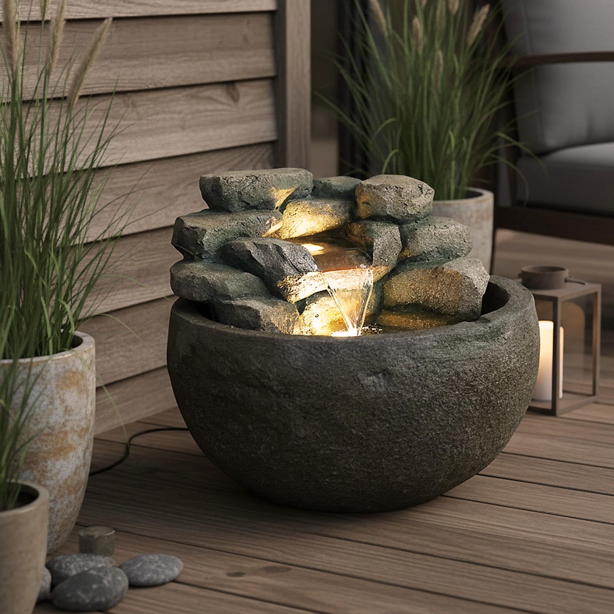 Gartenbrunnen BK911 Ø50 cm – Runder Springbrunnen in Steinoptik mit Wasserfall, warmweiße LED Beleuchtung Deko Teich