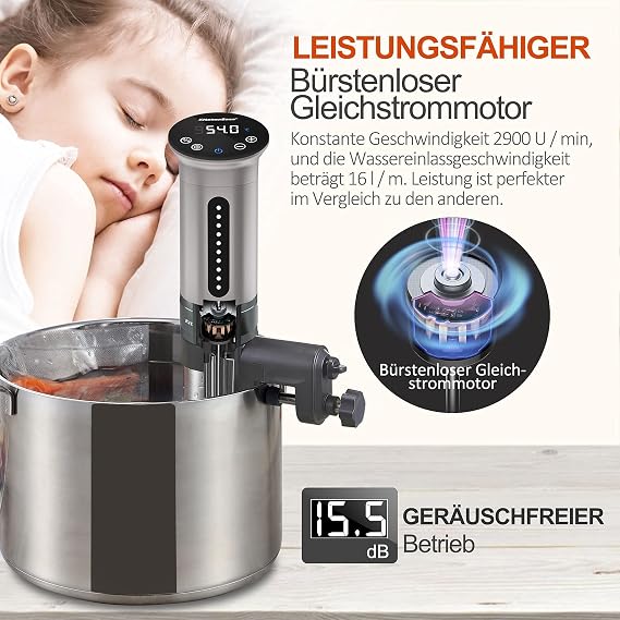 KitchenBoss Sous Vide Garer Stick Präzisionskocher•1100W •360° Zirkulation•40℃-90℃ Temperaturbereich • IPX7 Wasserdicht • LED Touch Display