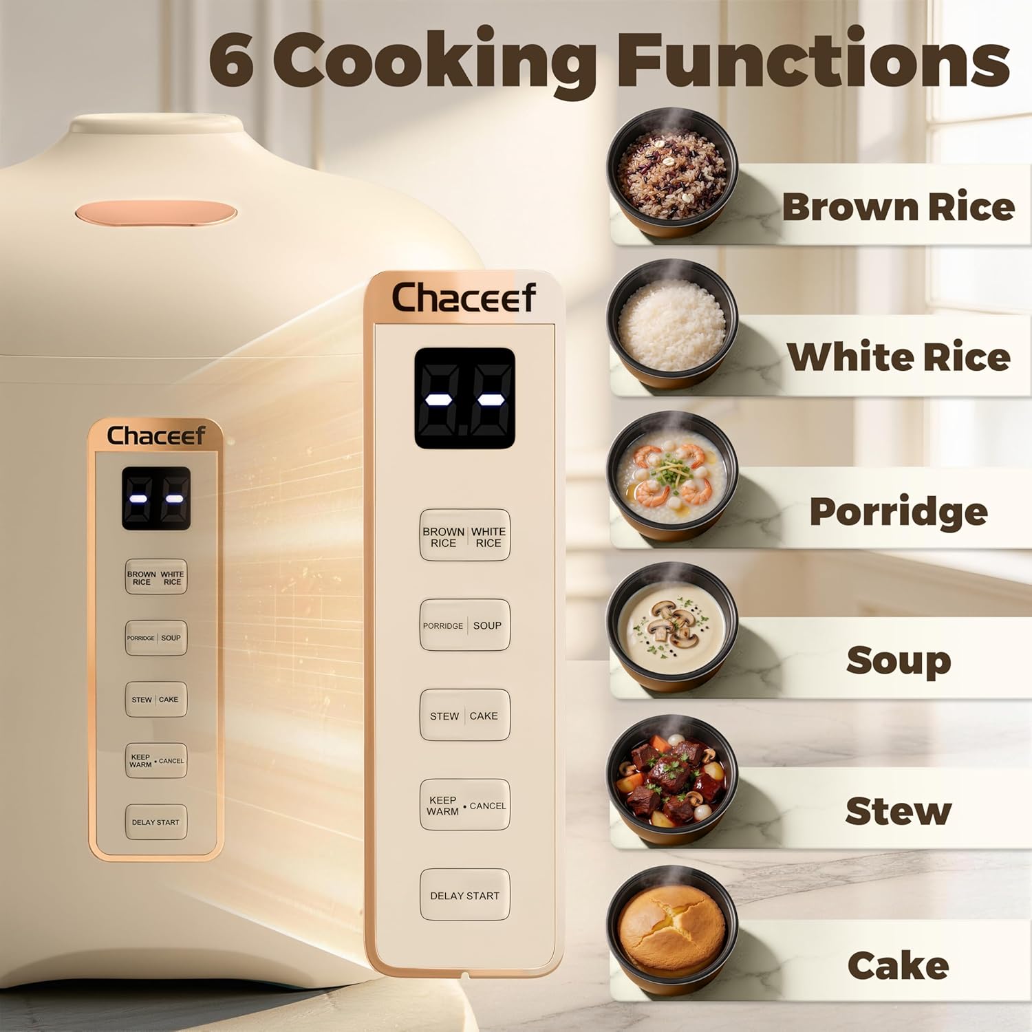 CHACEEF Mini Rice Cooker 2 Cups Uncooked, 1.2L Rice Cooker Small, Portable Non-Stick Small Travel Rice Maker, BPA Free, Smart Control Multifunction Cooker with 24 Hours Timer Delay & Keep Warm Function, Beige 1.2L B(Beige)