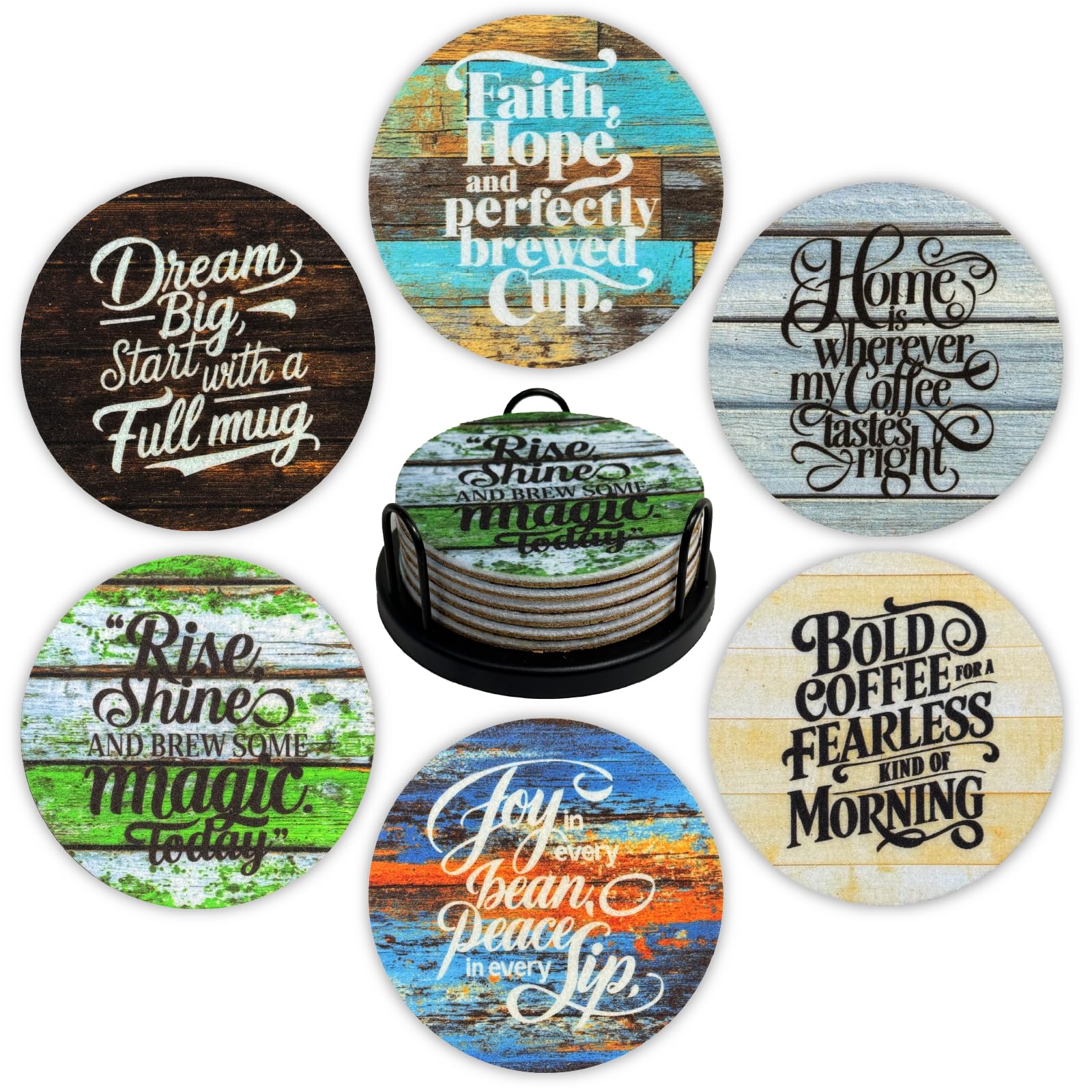 Liberatech Rustic Inspirational 6Pc Rustic Inspirational Felt Coasters Set Of 6, Round Absorbent Drink Coasters, Non-Slip Cork Backing, Removable Holder