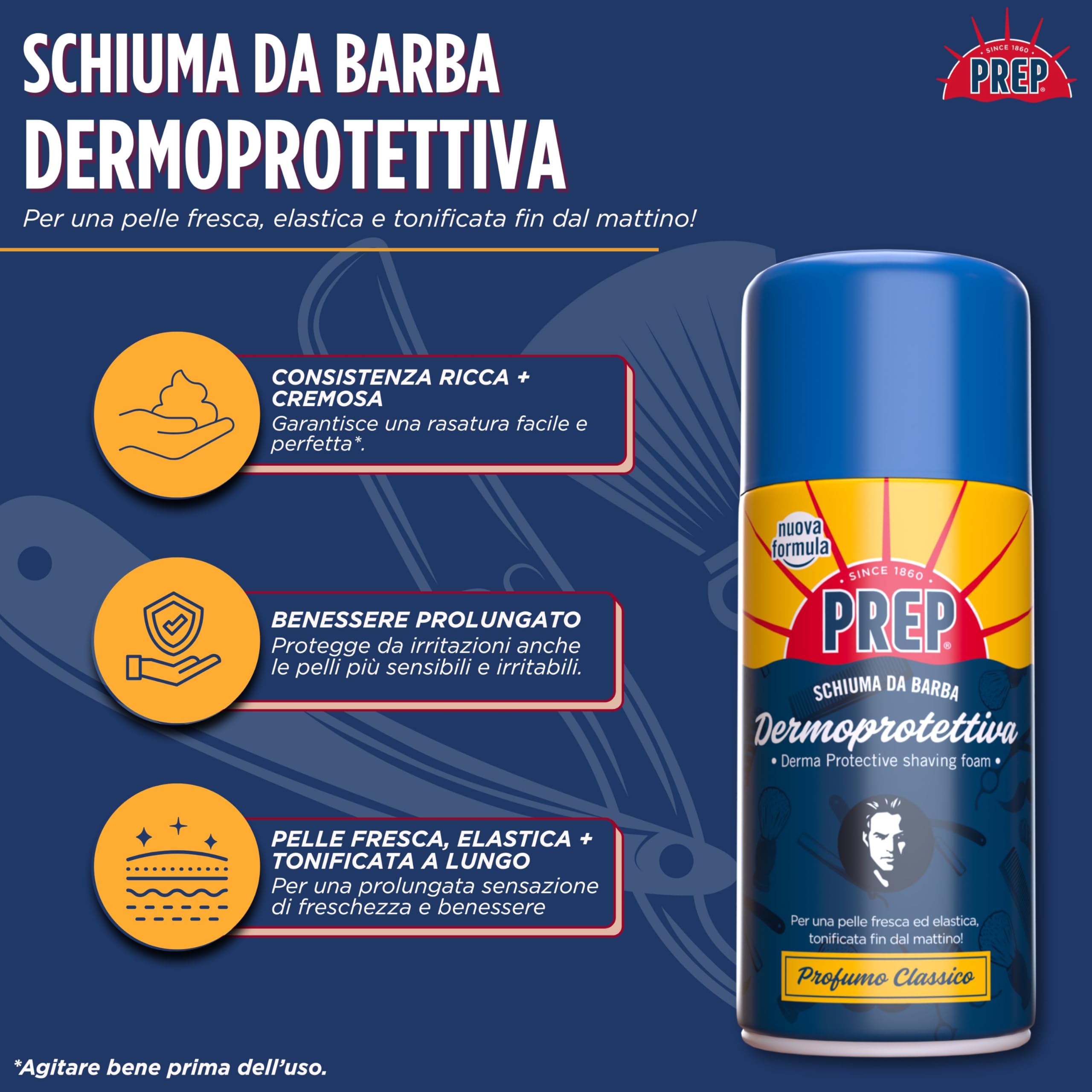 Prep, Schiuma da Barba Dermoprotettiva, Rasatura Facile e Perfetta, Per Tutti i Tipi di Pelle, Profumo Classico, 2x50ml