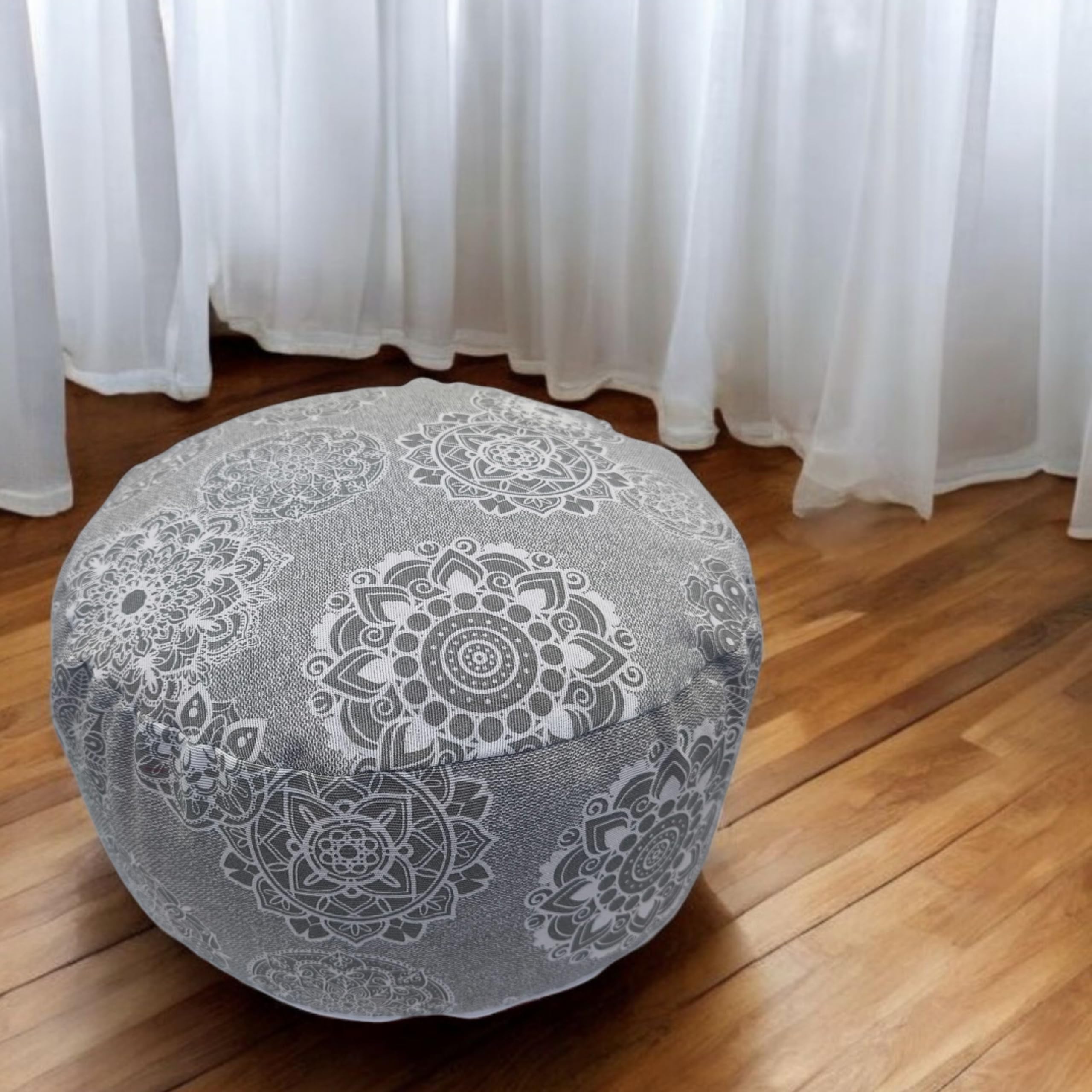 Zafu meditación Mandalas Gris, cojin Yoga, zafu Yoga, con Funda e Interior y Exterior Lavable de algodón y Relleno de cáscara de Trigo sarraceno, asa de Transporte 32x16cm