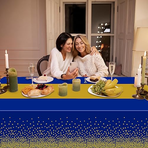 Miniatura 7 de OHOME Paquete de 4 manteles desechables de plástico para fiestas, manteles rectangulares azul real y dorado para bodas, cumpleaños, decoración del