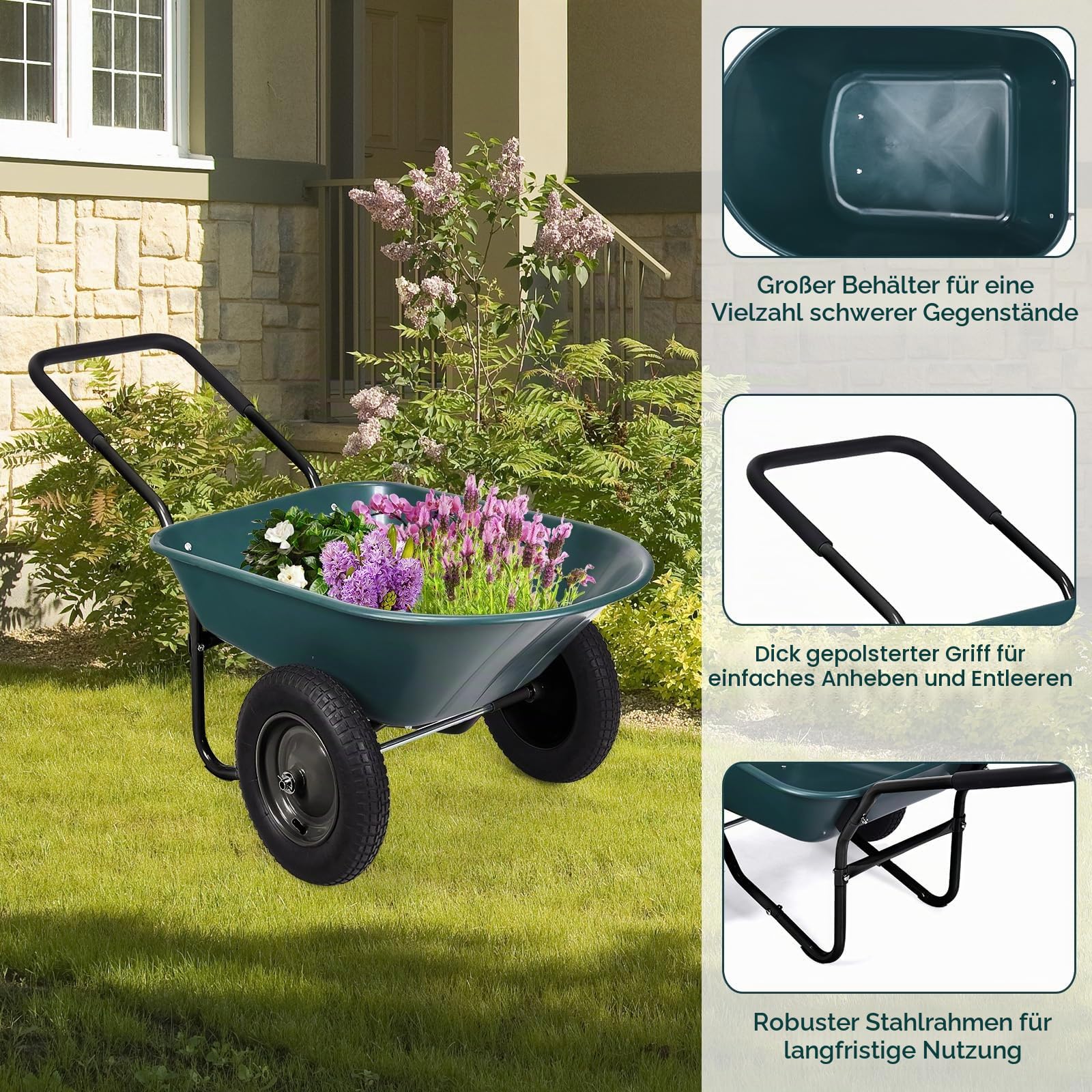 SOARS Schubkarre 100 Liter Volumen, Gartenschubkarre mit 2 Luftreifen, Gummigriff, Schiebkarre Transportkarre, ideal zum Bewegen von Boden, Pflanzenstrauch, Gartengerät, 65 x 145 x 65 cm (Grün)