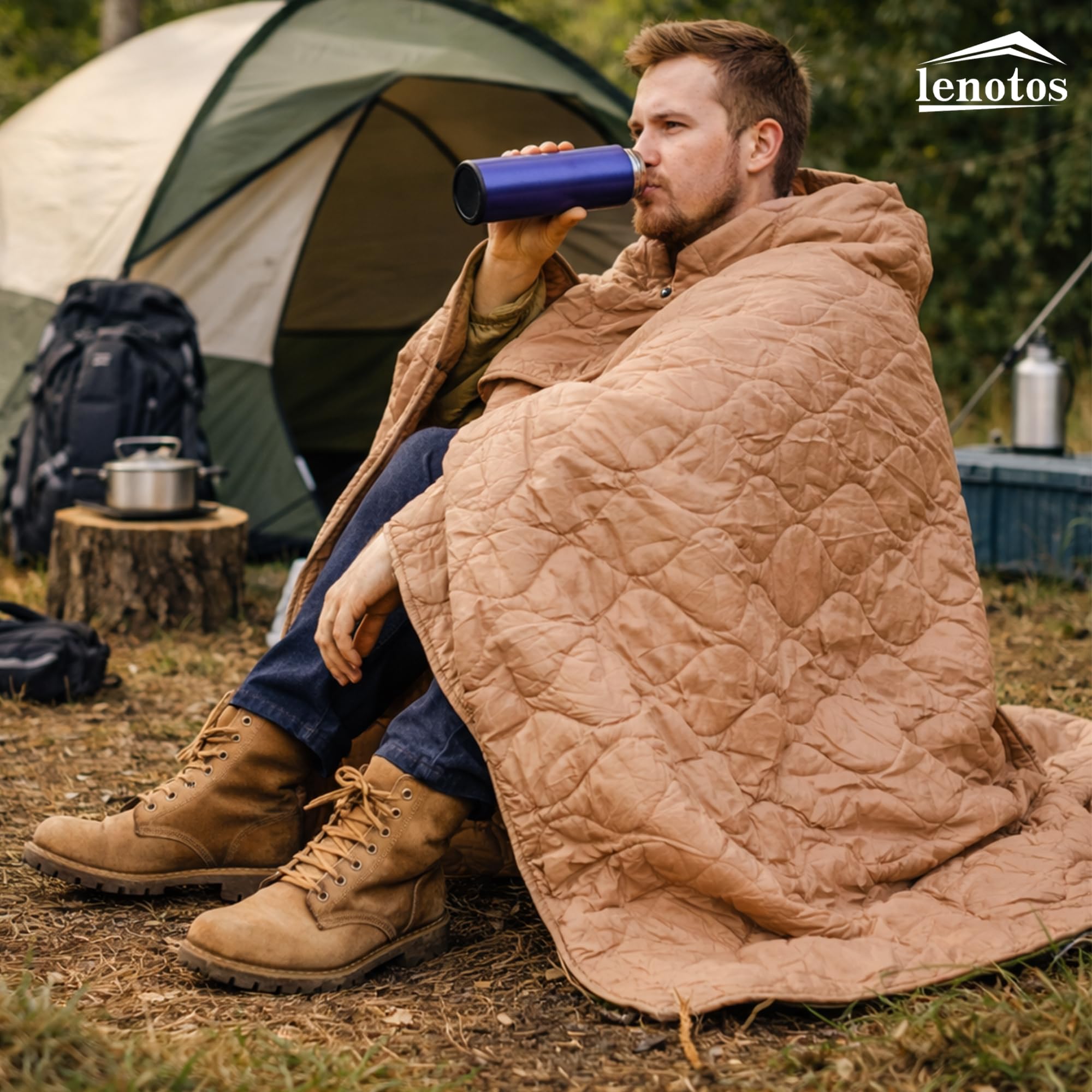 Lenotos Woobie Decke, wärmeisoliert, Militär-Poncho-Futter, wasserabweisend, tragbar, isoliert, für Wandern, Überleben, mit Kompressionstasche (Od