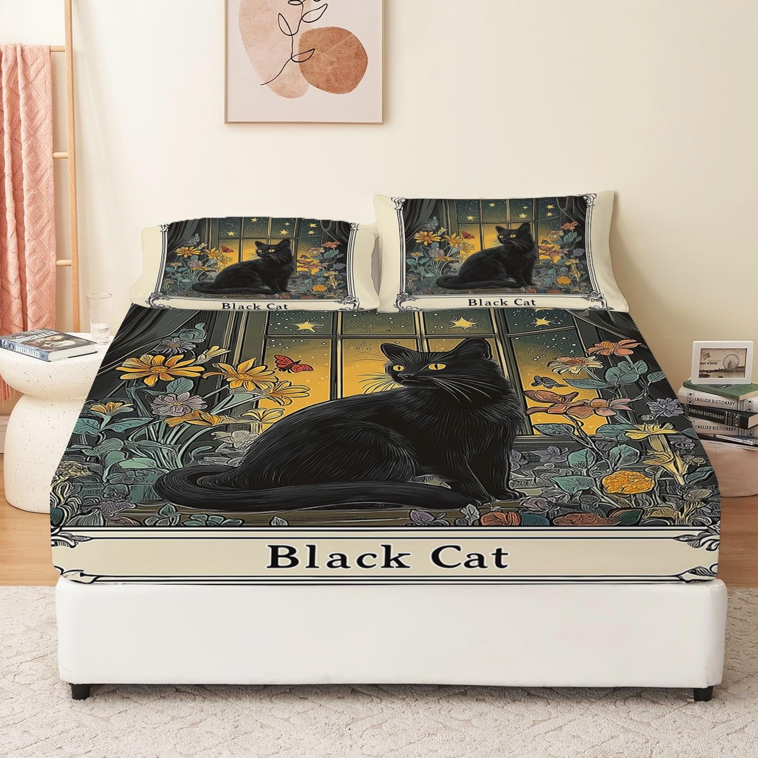 Drap-Housse 160 x 200 cm en Microfibre Douce, pour Enfants garçons à Motif de Chat Noir d'encre fenêtre, Drap-Housse Noir Convient aux Matelas ayant jusqu'à 30 cm d'épaisseur