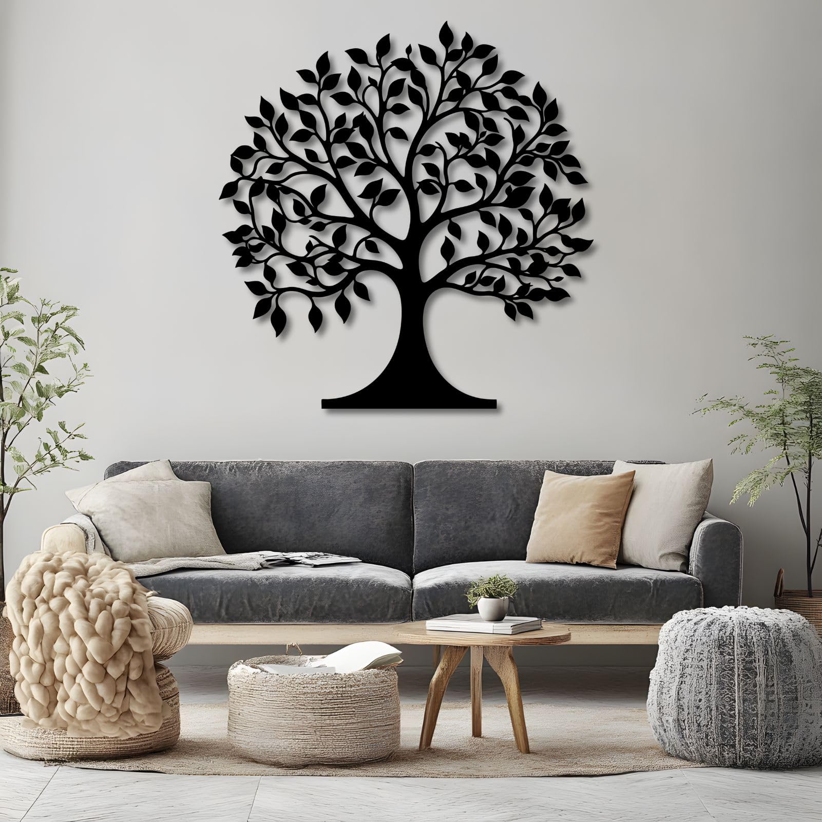 Décoration murale métal Arbre de Vie noir 80 cm, grand tableau design pour salon