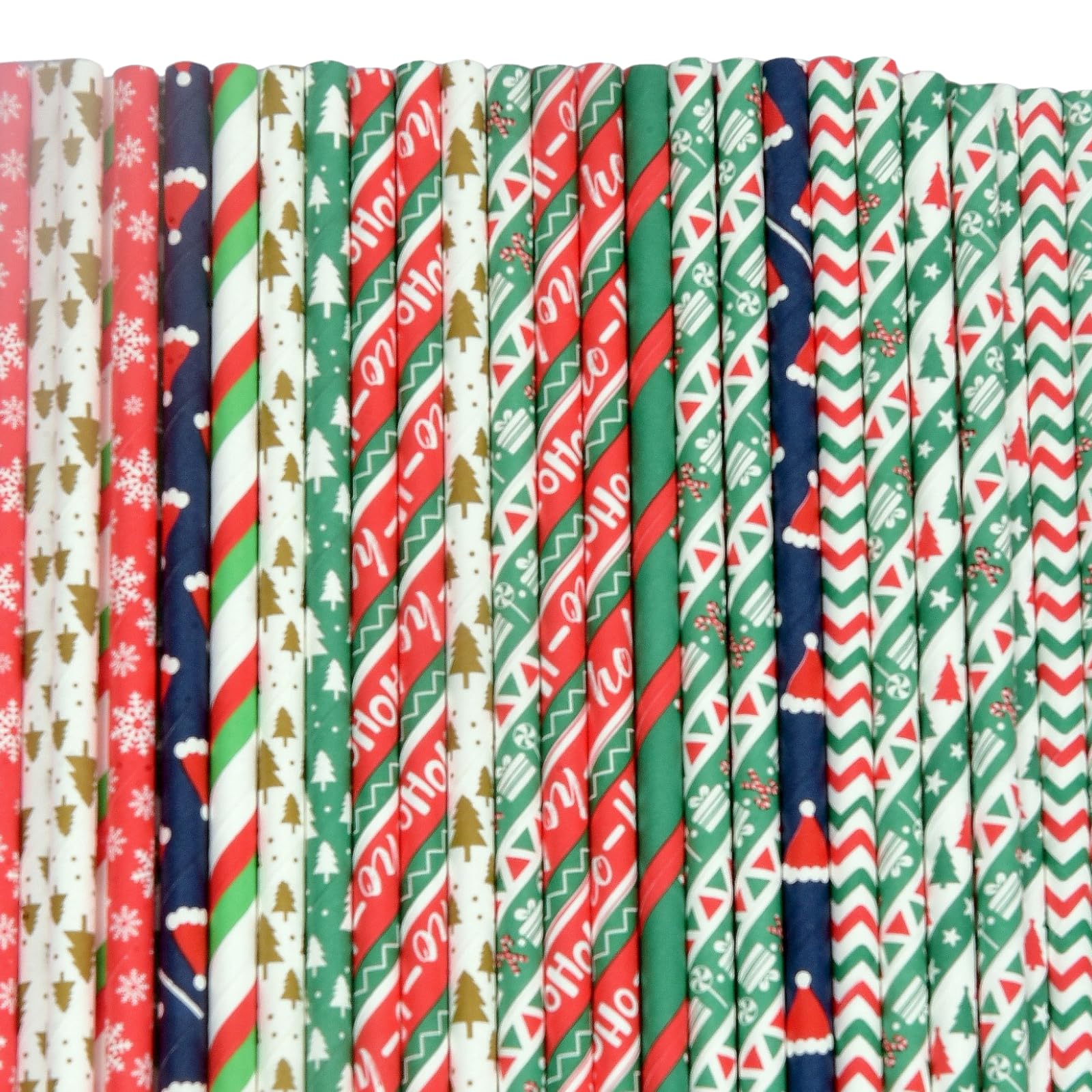 Jaydis 100 Pack Christmas Biodegradable Paper Straws 10 Styles Xmas Tree Snow Dot Stripe Drinking Straws for Thanksgiving Christmas Holiday Decoration Cake Pop Sticks