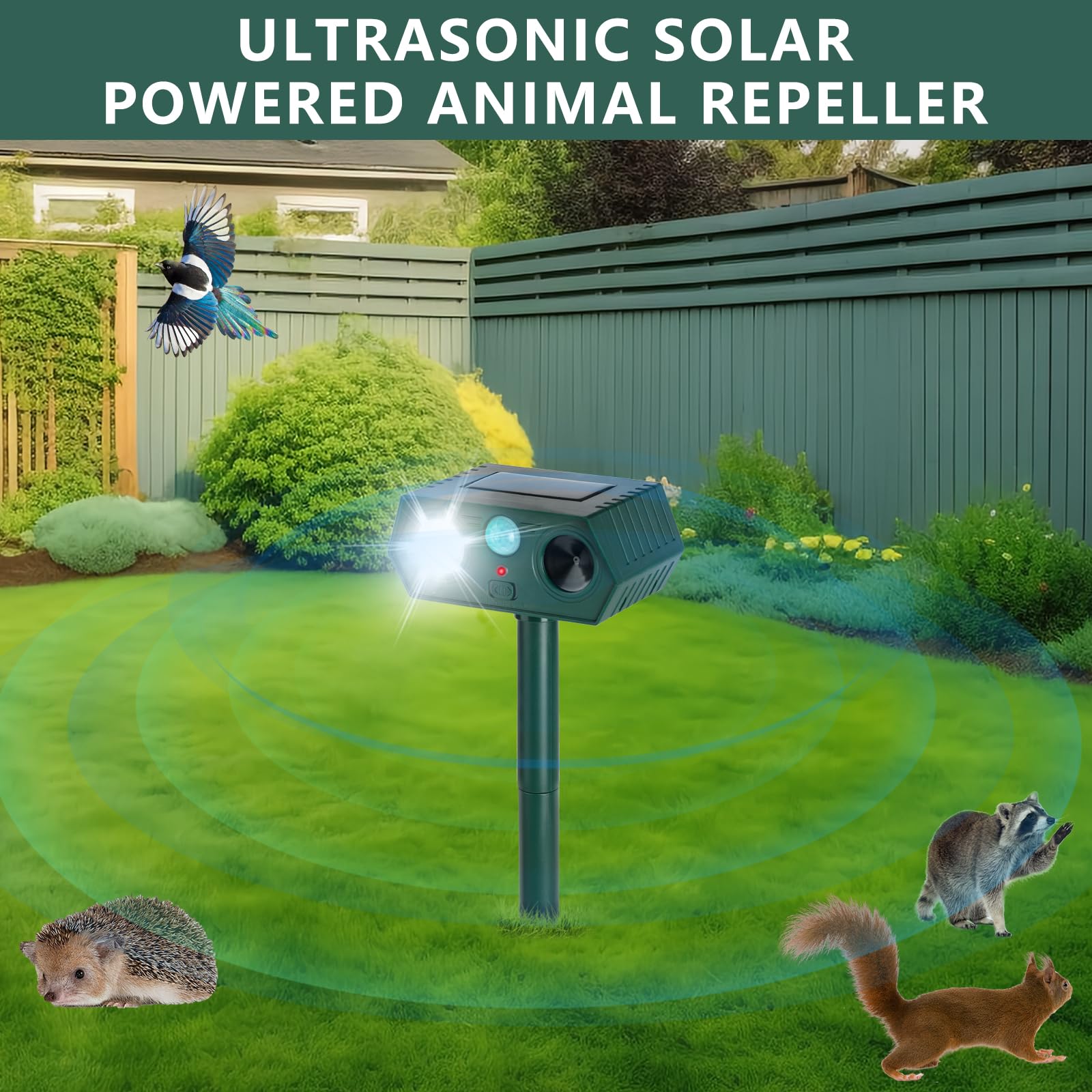 Ultraschall-Tiervertreiber im Freien, 4 Stück, 2026, Solar-Tiervertreiber, bewegungsaktivierte Abschreckung, um Katze, Eichhörnchen, Kaninchen, Waschbär Stinktier mit LED-Blitzlichtern für Hof, Rasen