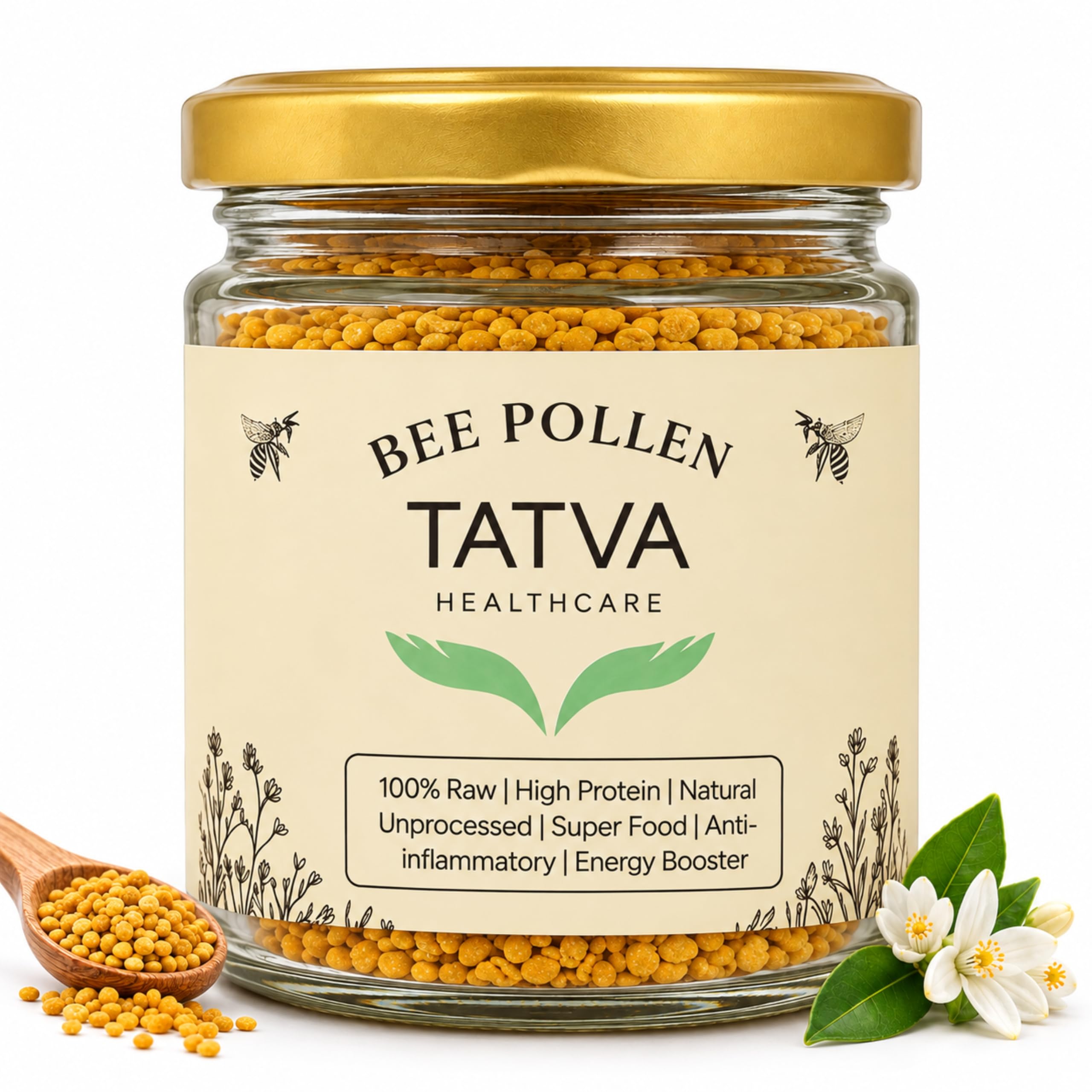 Tatva Bee Pollen Granules, Multiflora, Raw Unprocessed, 100g Glass Jar