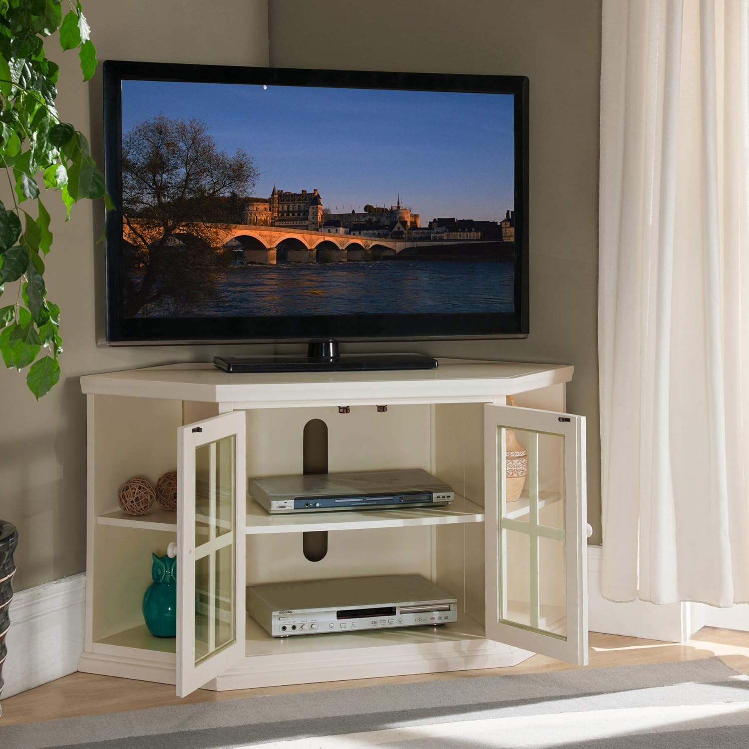 White 46-inch Corner Tv Stand with Bookcases Modern Contemporary Wood Glass Doors