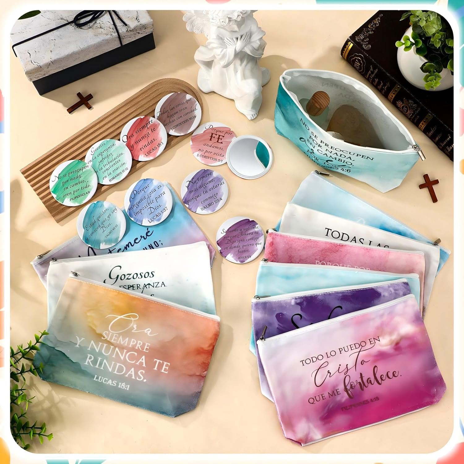 Reginary 10 Set Christian Gifts for Women Bulk Include 10 Religious Canvas Makeup Bags 10 Bible Verse Compact Mirrors Easter Inspirational Church Gifts Sister Mom(Watercolor,Spanish Style) - Image 4