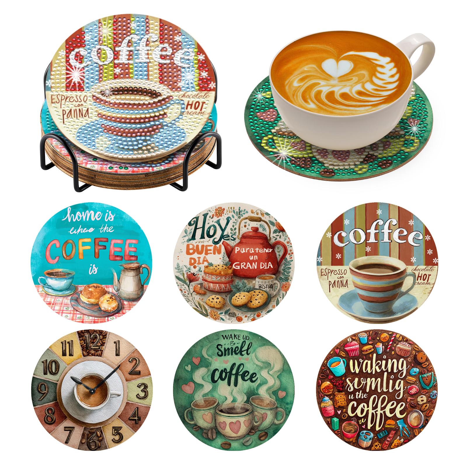 BNG Coffee Diamond Paintings Coasters Kits Set with Holder, 6Pcs Cup Art DIY Crafts Coasters for Adults, Art Painting Kits for Women, Beginners, Diamond Craft Supplies