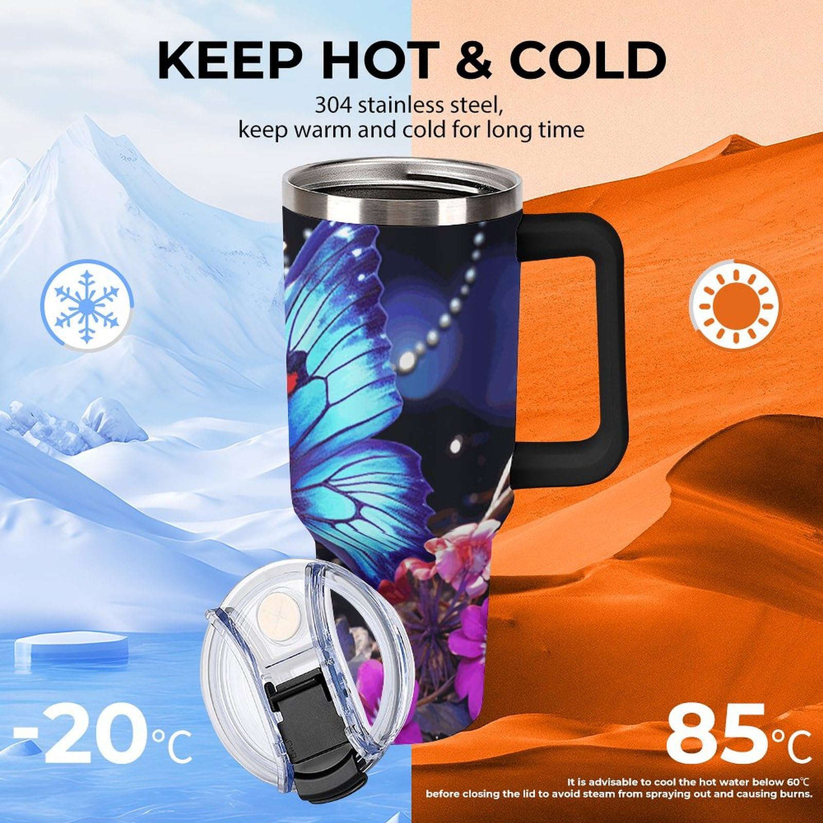 Edelstahl-Thermobecher mit Griff, 1,2 l, Motiv: Beauty Butterfly, Edelstahl, hitzebeständig, auslaufsicher, geeignet für Auto-Becherhalter