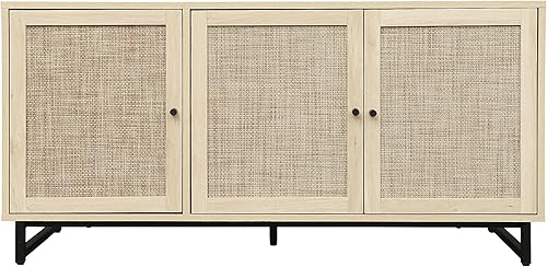 Miniatura 3 de ZeHuoGe Aparador de buffet con 3 puertas decoradas de ratán, gabinete de buffet, armario de ratán con patas de metal para sala de estar, pasillo,
