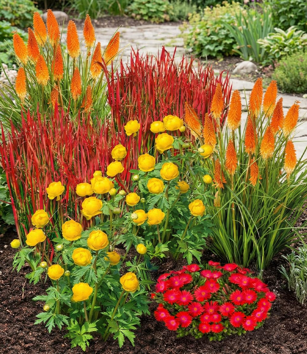 BALDUR Garten 7er Set Winterhartes Staudenbeet 'Feuerspektakel', Pflanzen im 9x9 cm-Topf/Knollen, feurige Blatt- und Blütenfarben, lang anhaltende Farbenpracht, pflegeleicht & winterhart