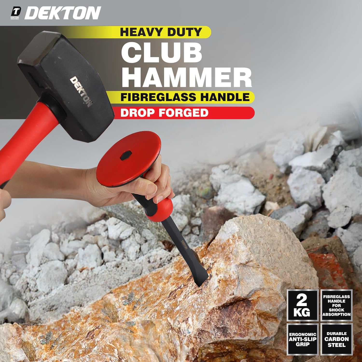 Dekton 2kg Fibreglass Club Hammer-Heavy Duty Hammer with Shock Absorbing Handle| Ideal for Demolition and Heavy Duty Tasks| Ergonomic Design for Comfort and Control| Durable and Impact Resistant Tool