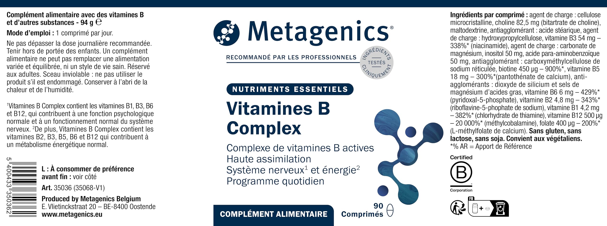 Metagenics Complexe Vitamines B Haute Puissance - B12 Méthylée & Folate Actif, Énergie, Système Nerveux & Fonctions Psychologiques, 90 Comprimés Végan