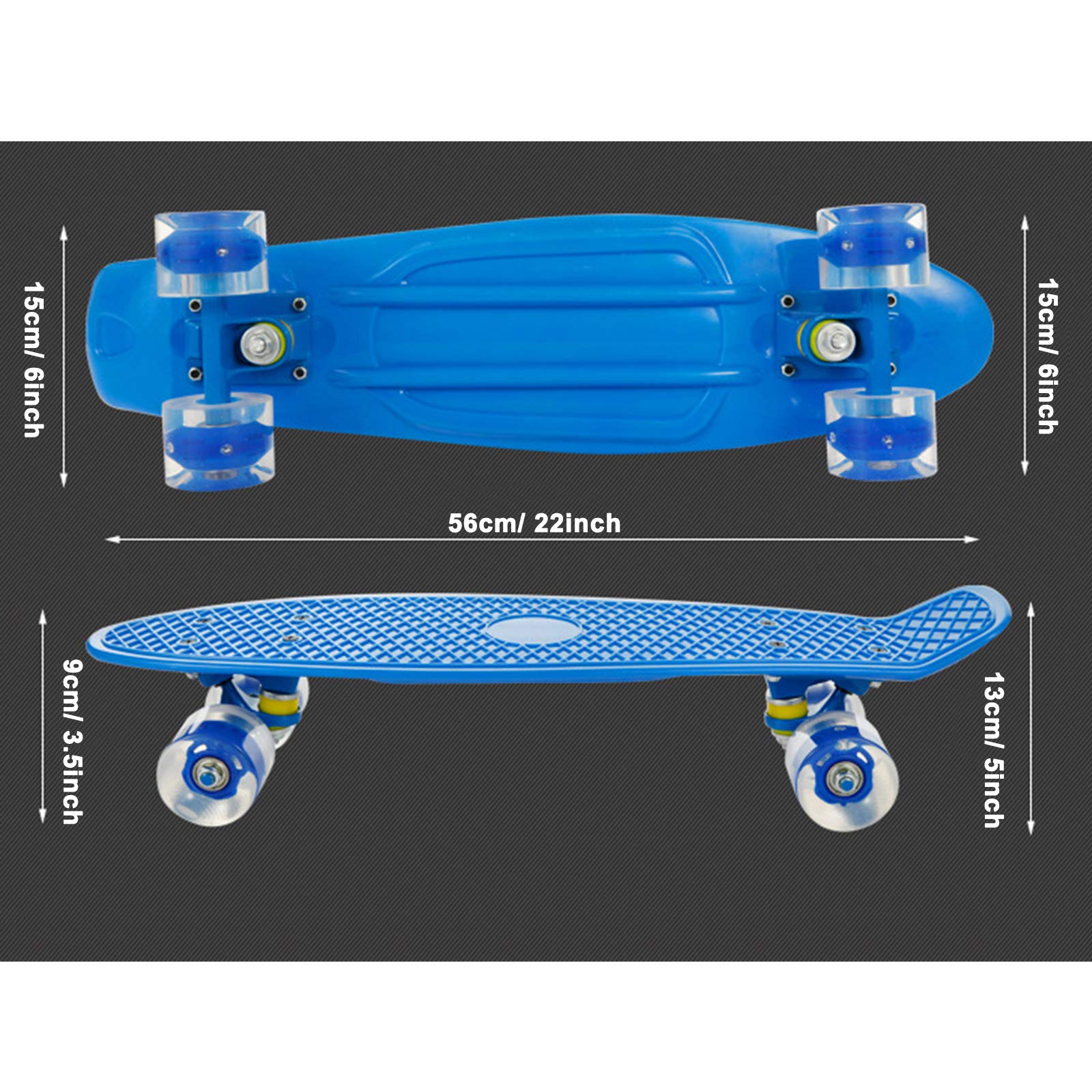 Skateboard 56cm/ 22 Zoll Mini Cruiser Skateboard mit LED Light Up Rädern, Kunststoff Skateboard Board für Anfänger Teenager Erwachsene Kinder (mit All-In-One Skate T-Tool)