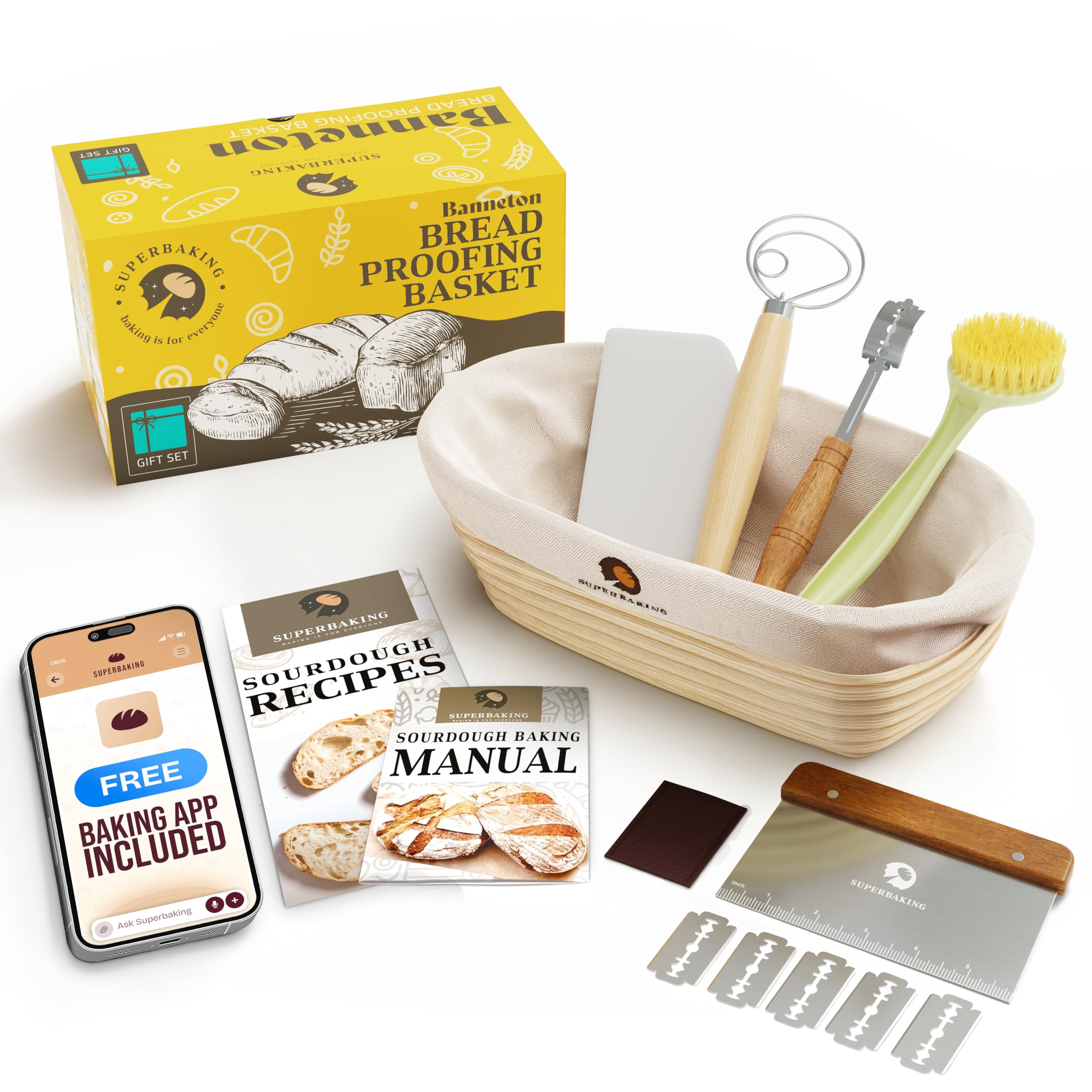 Superbaking 10" Oval Banneton Bread Proofing Basket Gift Set – Sourdough Starter Kit for Crusty Artisan Style Loaves, Includes Essential Bread Baking Supplies & Tools - Ideal Gift for Bakers