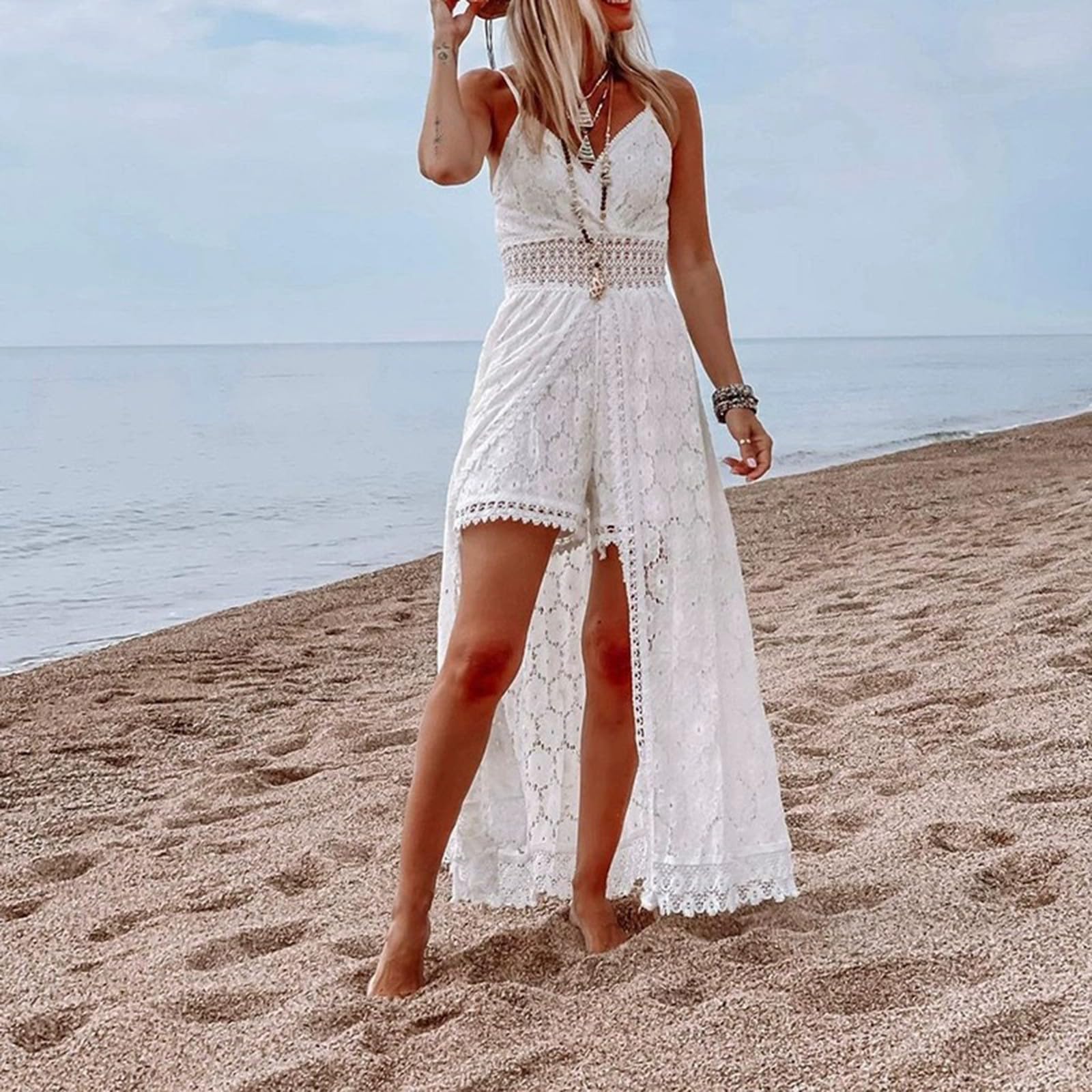 Robe longue d'été pour femme, col en V, sans manches, en dentelle